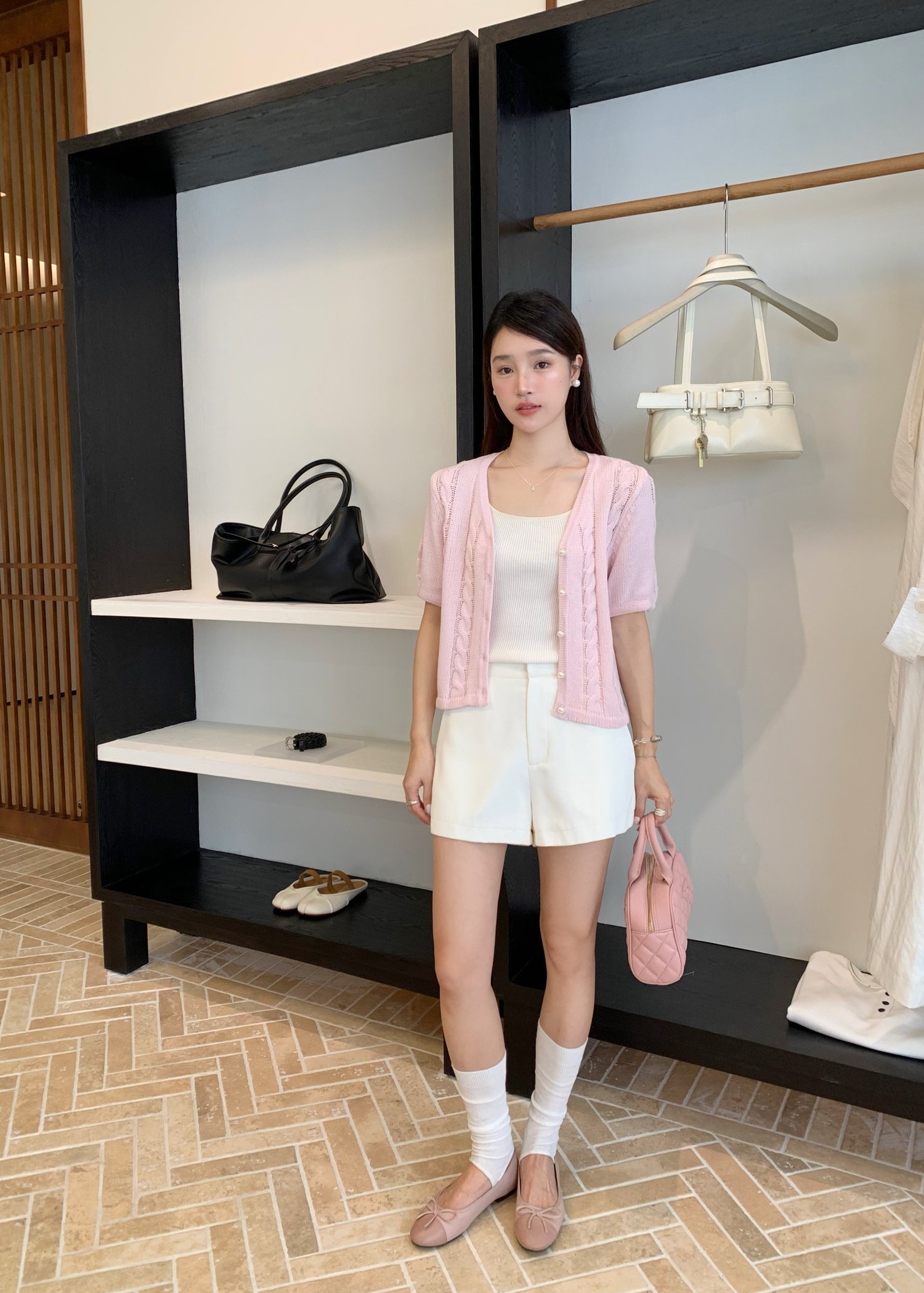 Tiana Pearl Buttoned Knit Top in Baby Pink