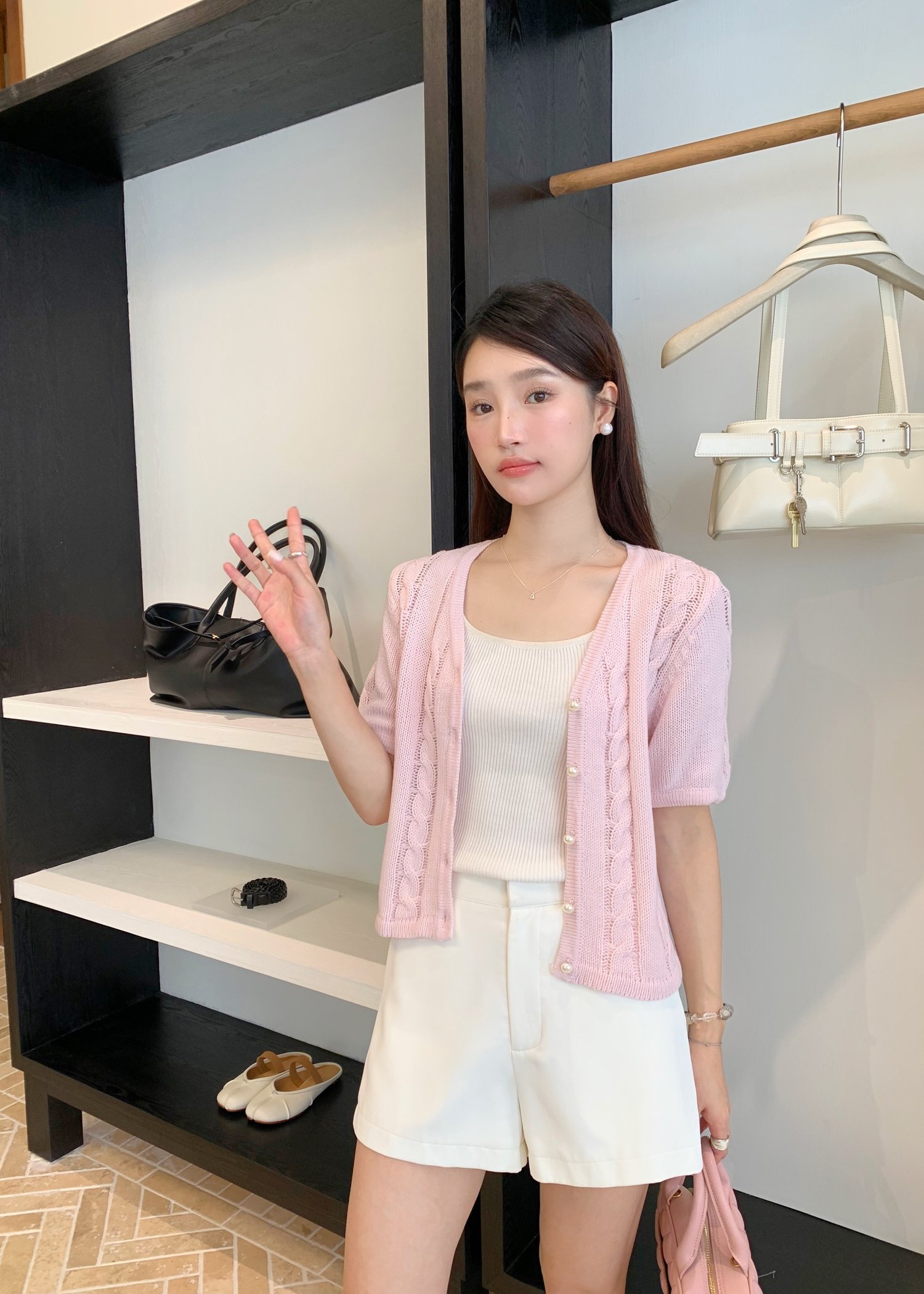 Tiana Pearl Buttoned Knit Top in Baby Pink