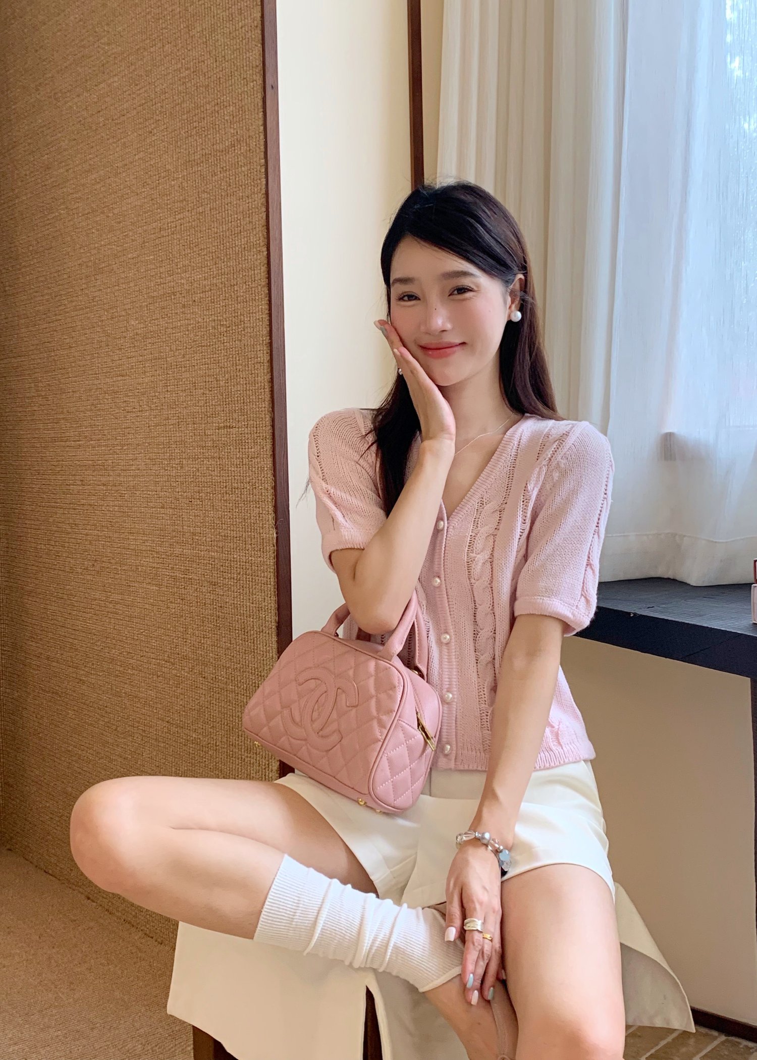 Tiana Pearl Buttoned Knit Top in Baby Pink