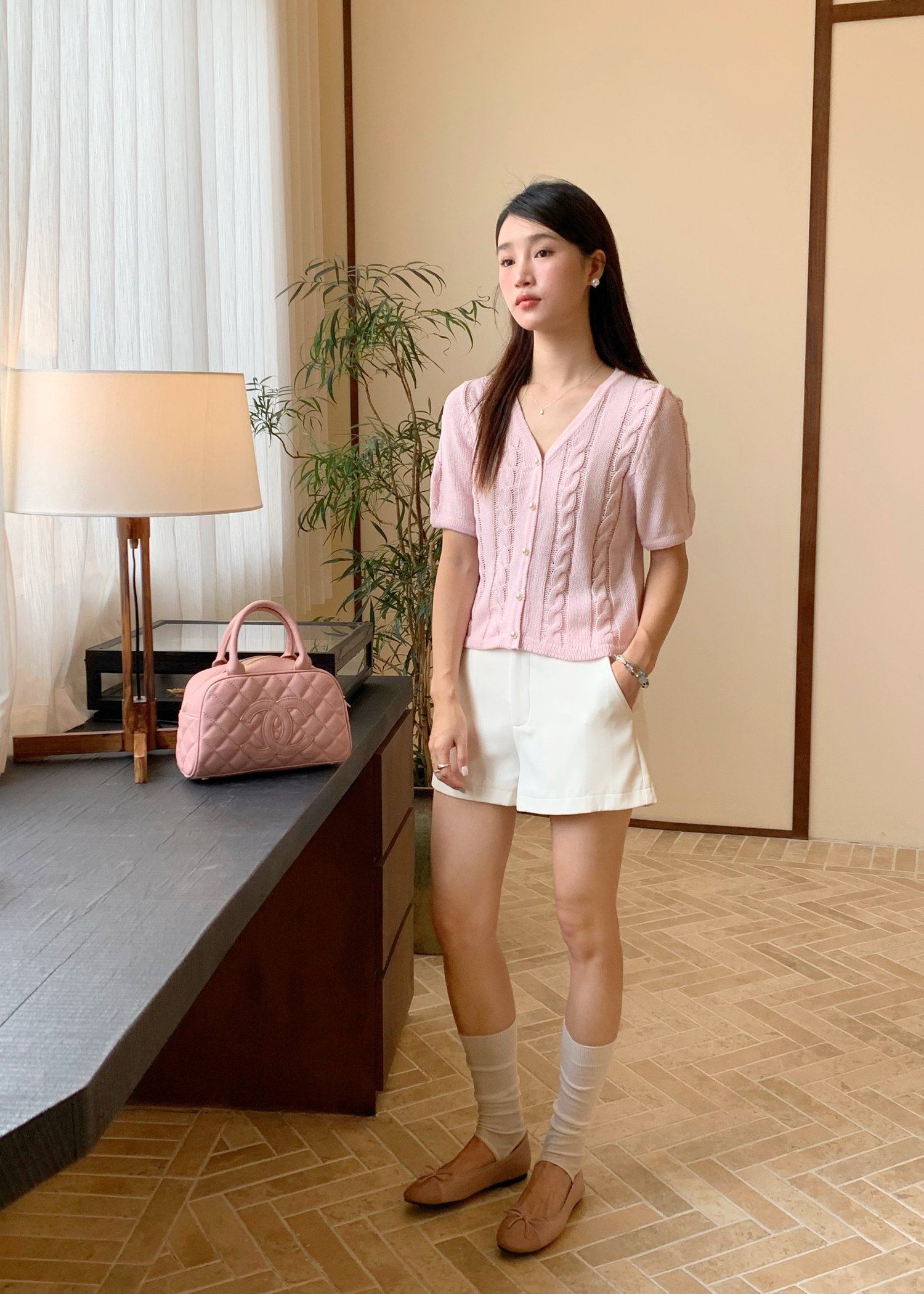 Tiana Pearl Buttoned Knit Top in Baby Pink