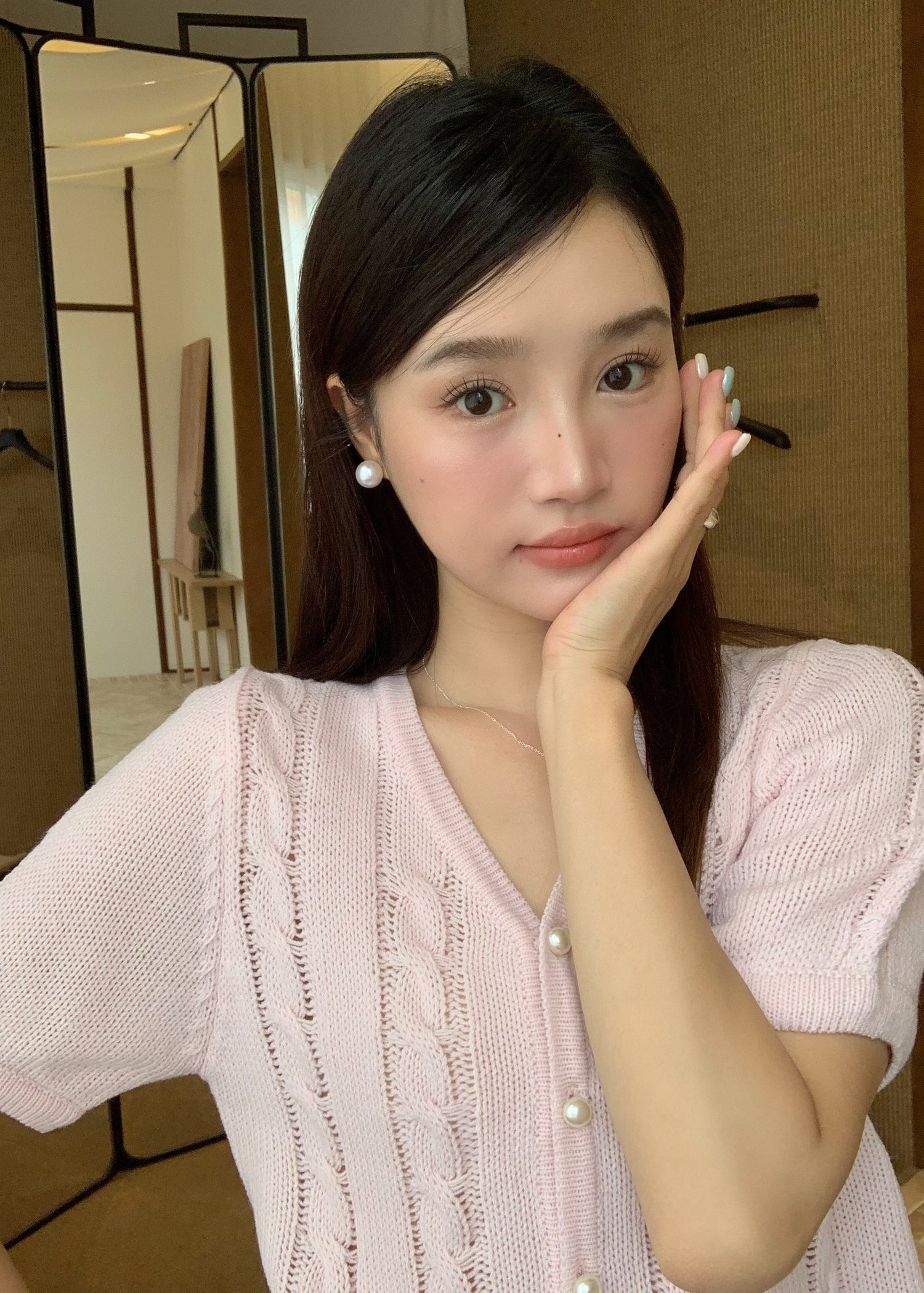 Tiana Pearl Buttoned Knit Top in Baby Pink