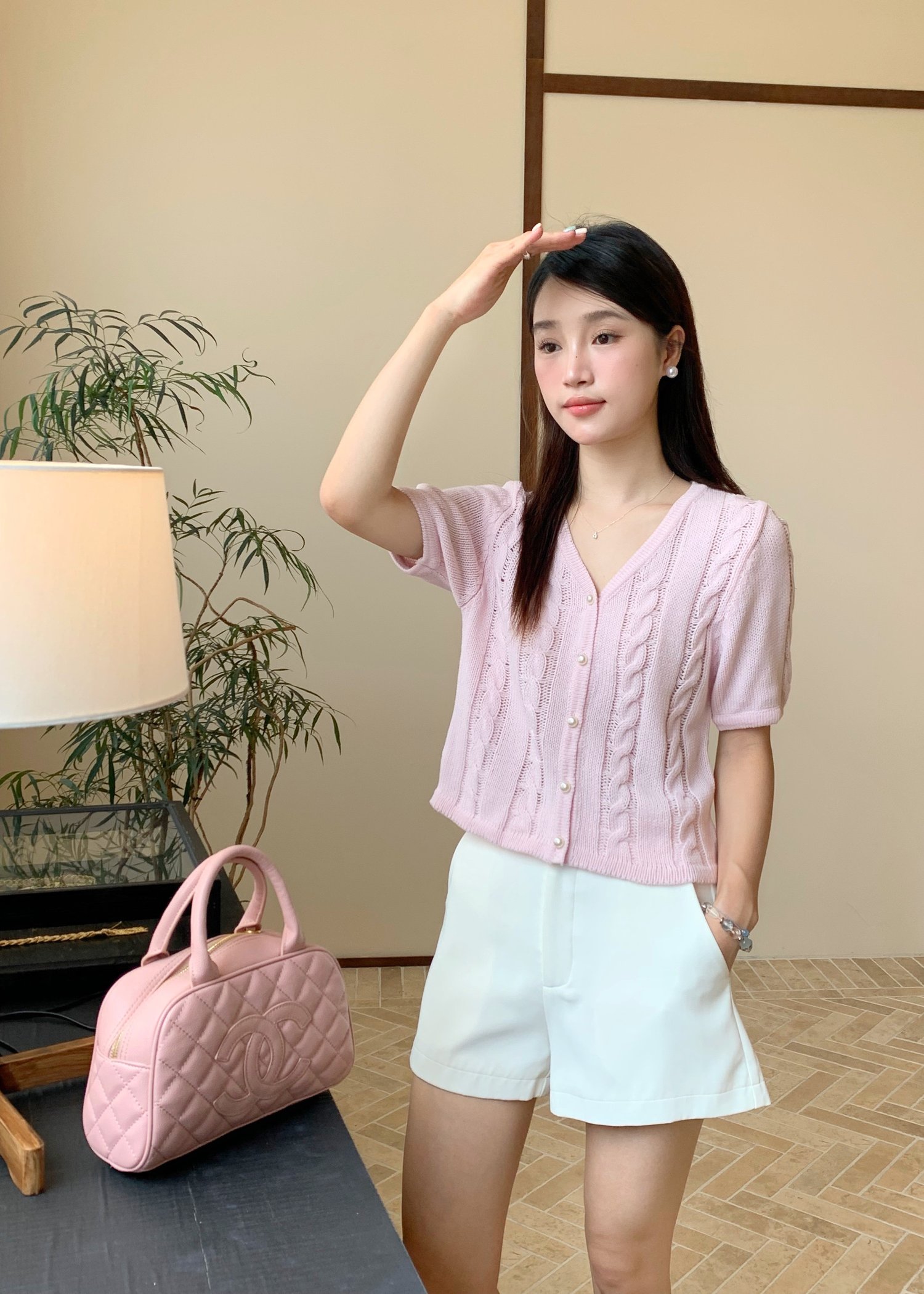 Tiana Pearl Buttoned Knit Top in Baby Pink