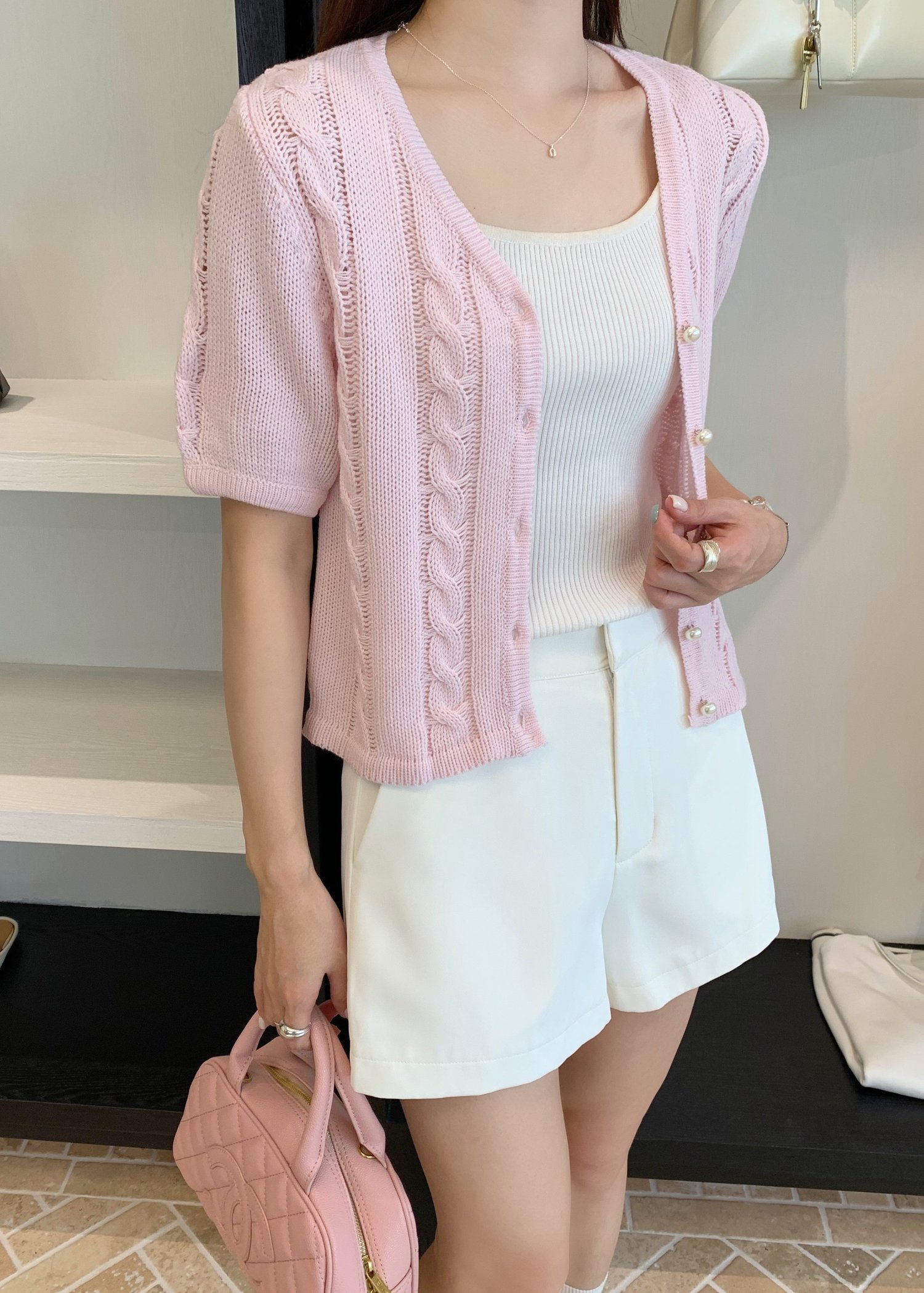 Tiana Pearl Buttoned Knit Top in Baby Pink