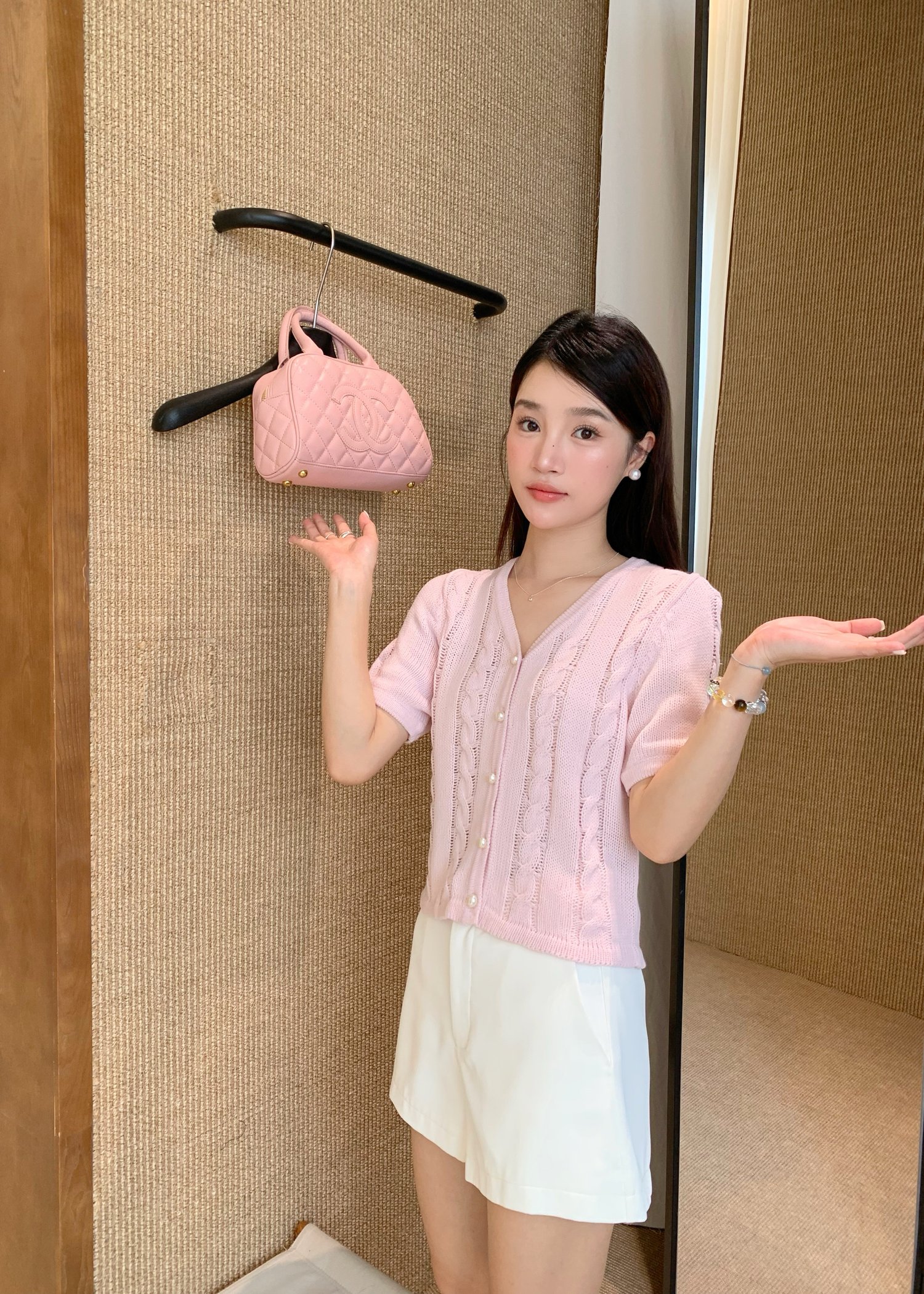 Tiana Pearl Buttoned Knit Top in Baby Pink