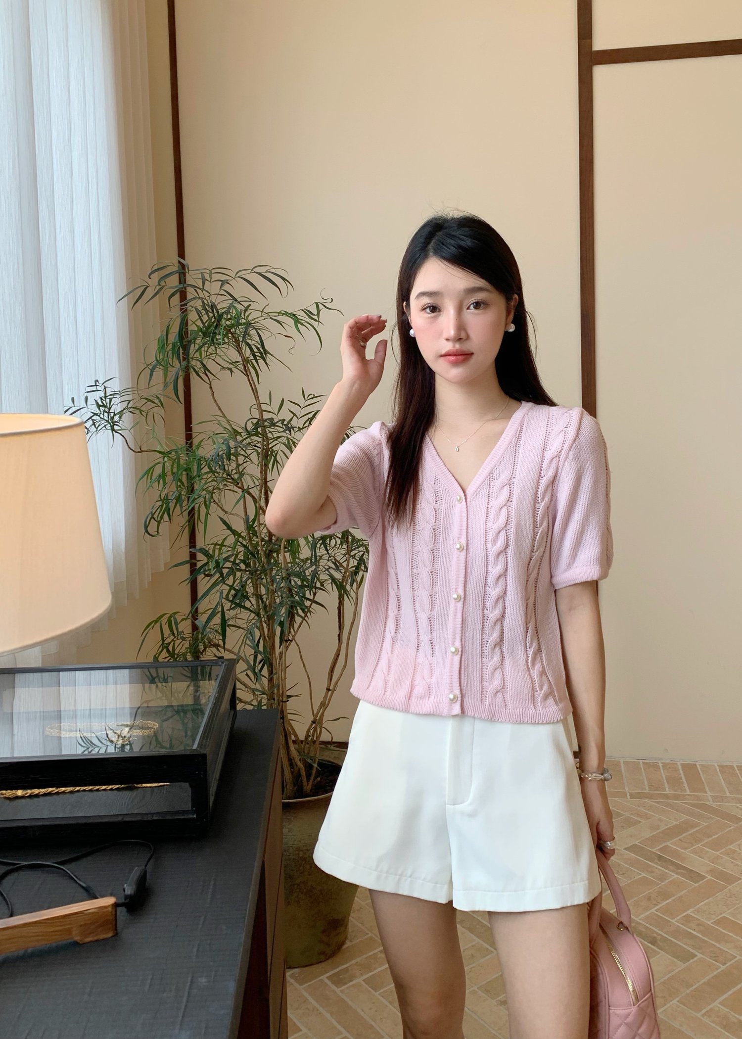 Tiana Pearl Buttoned Knit Top in Baby Pink