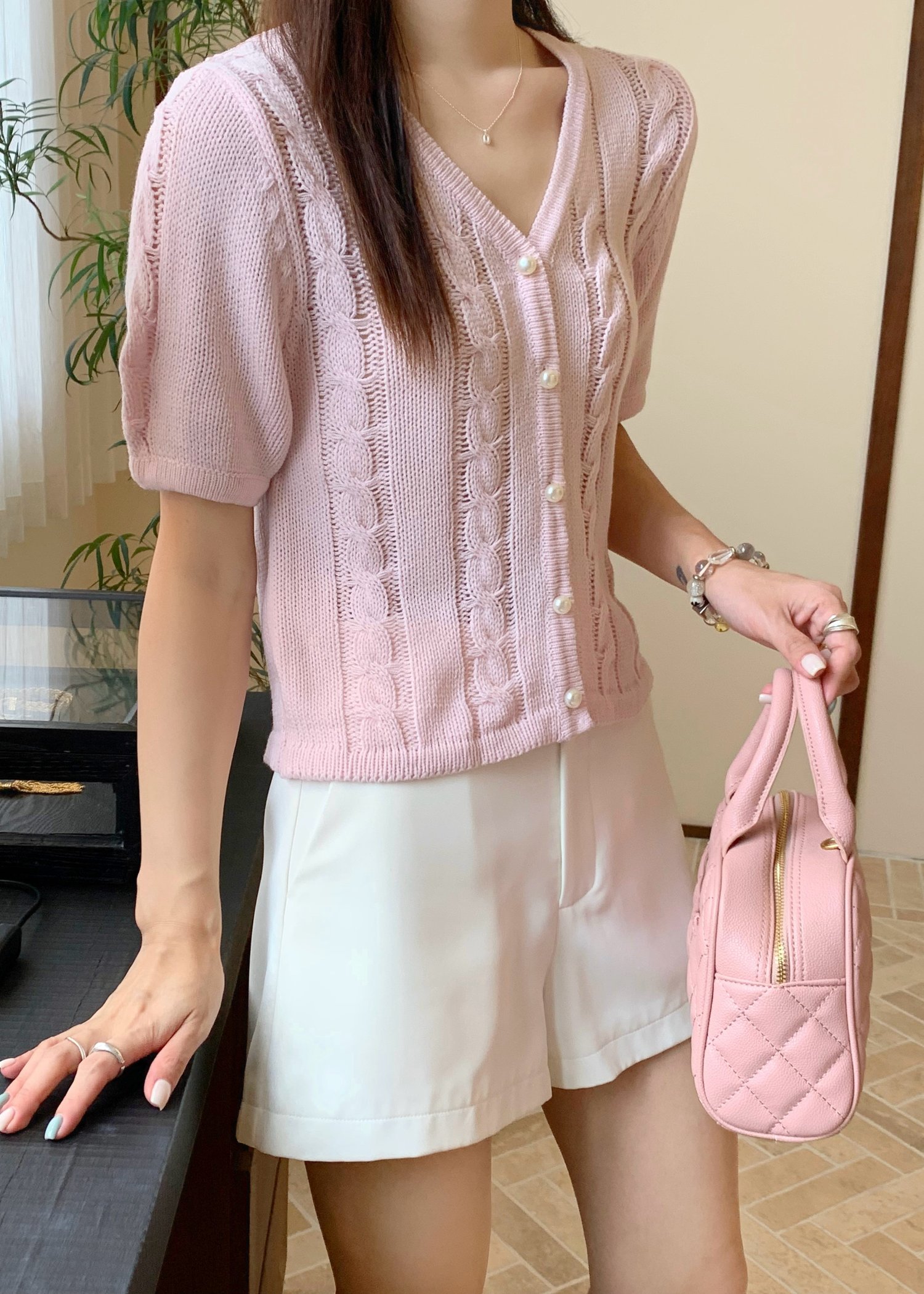 Tiana Pearl Buttoned Knit Top in Baby Pink