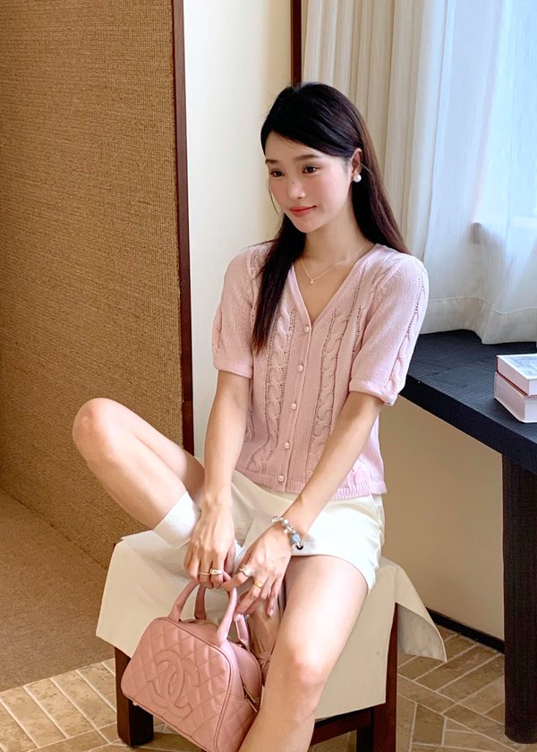 Tiana Pearl Buttoned Knit Top in Baby Pink