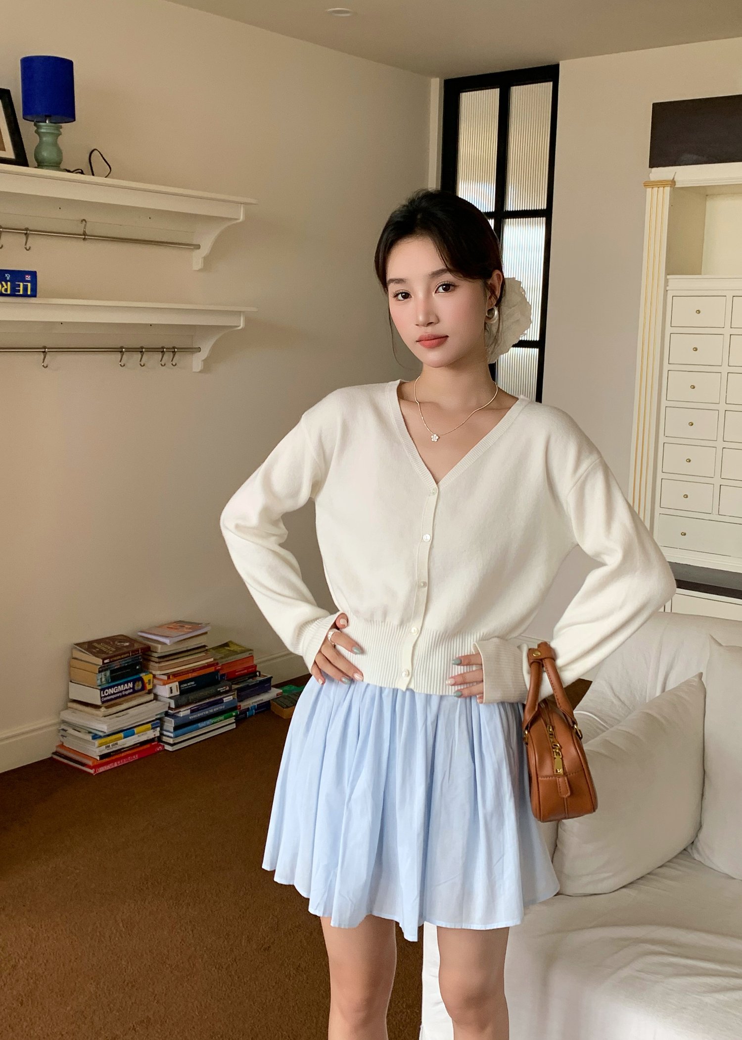 Elena Long Sleeve Knit Top in White