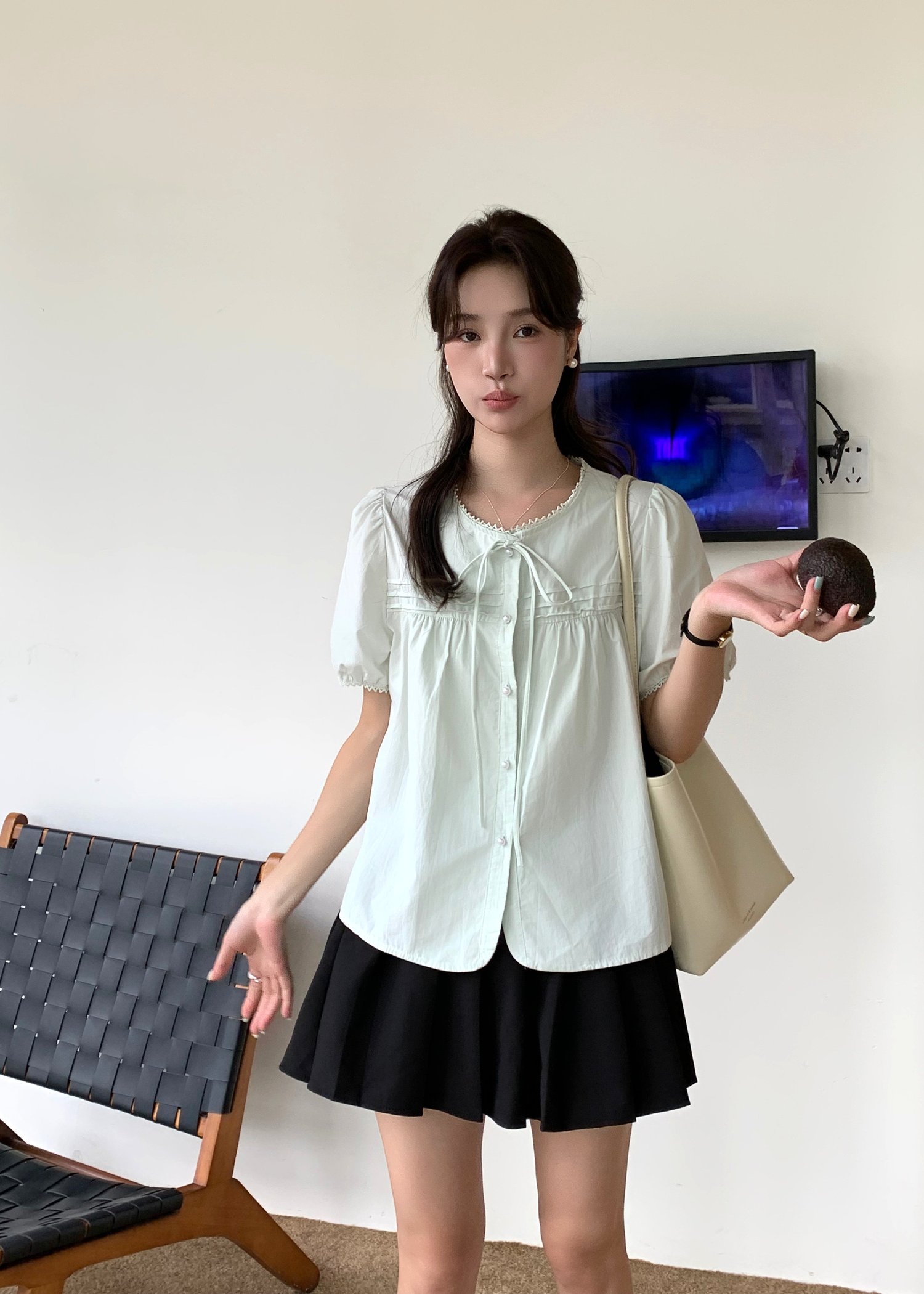 Joleen Ribbon Eyelet Blouse in Milk Green
