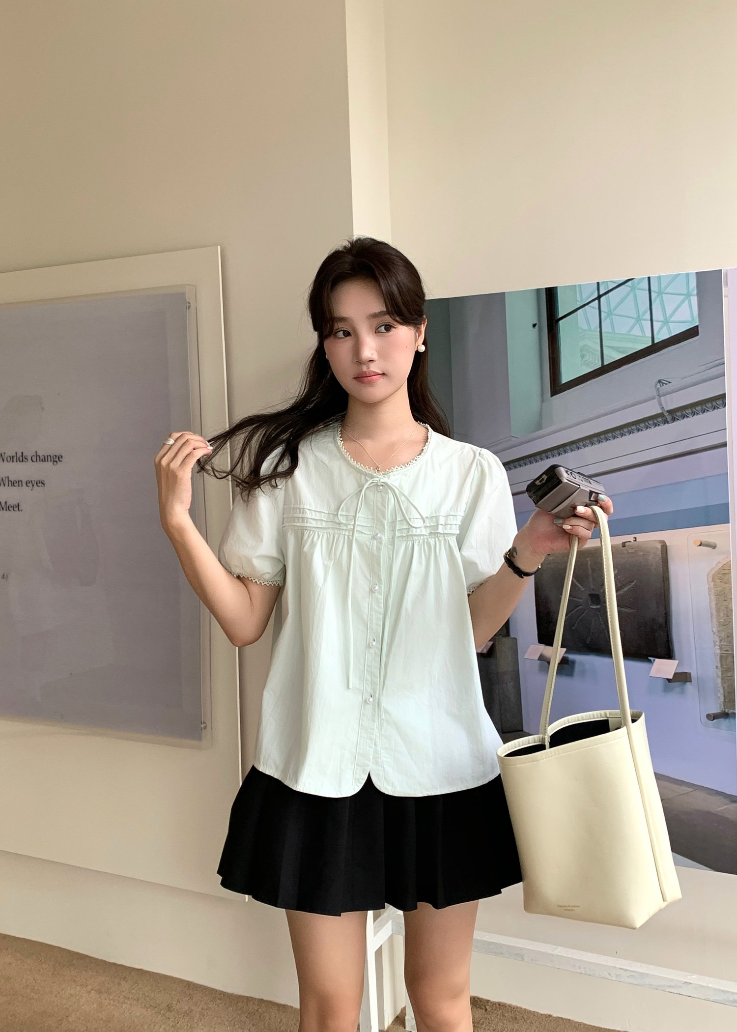 Joleen Ribbon Eyelet Blouse in Milk Green