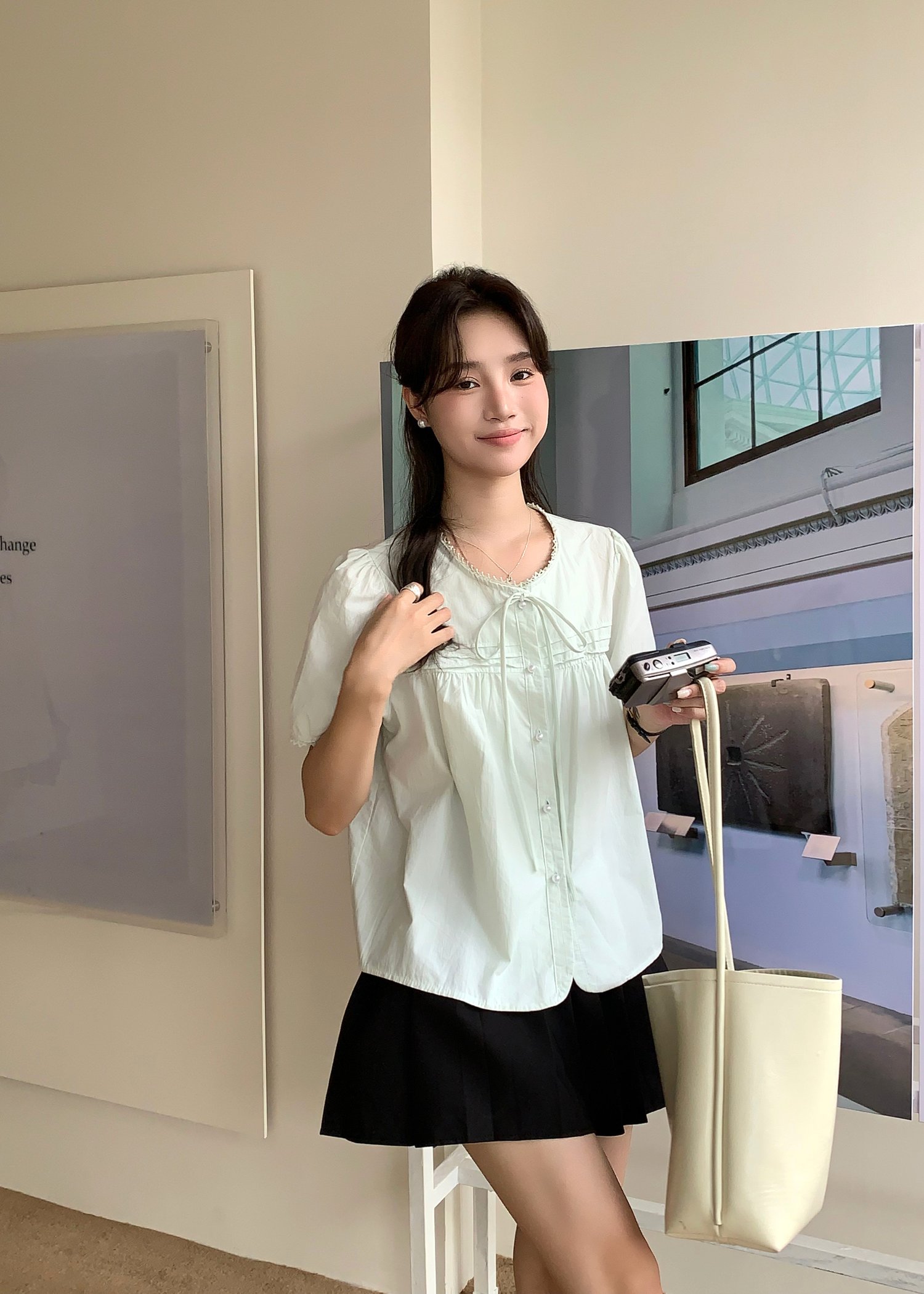 Joleen Ribbon Eyelet Blouse in Milk Green