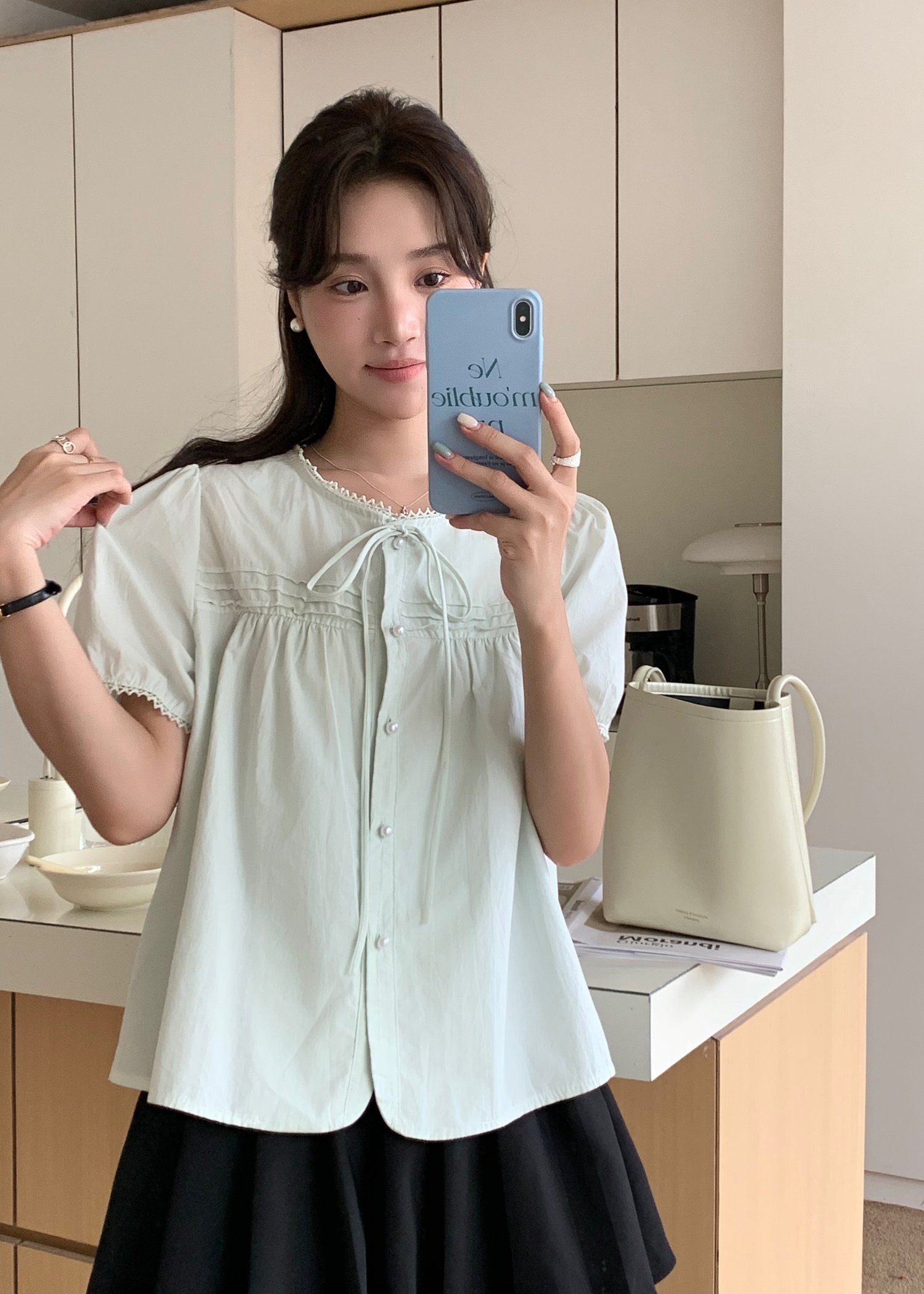Joleen Ribbon Eyelet Blouse in Milk Green