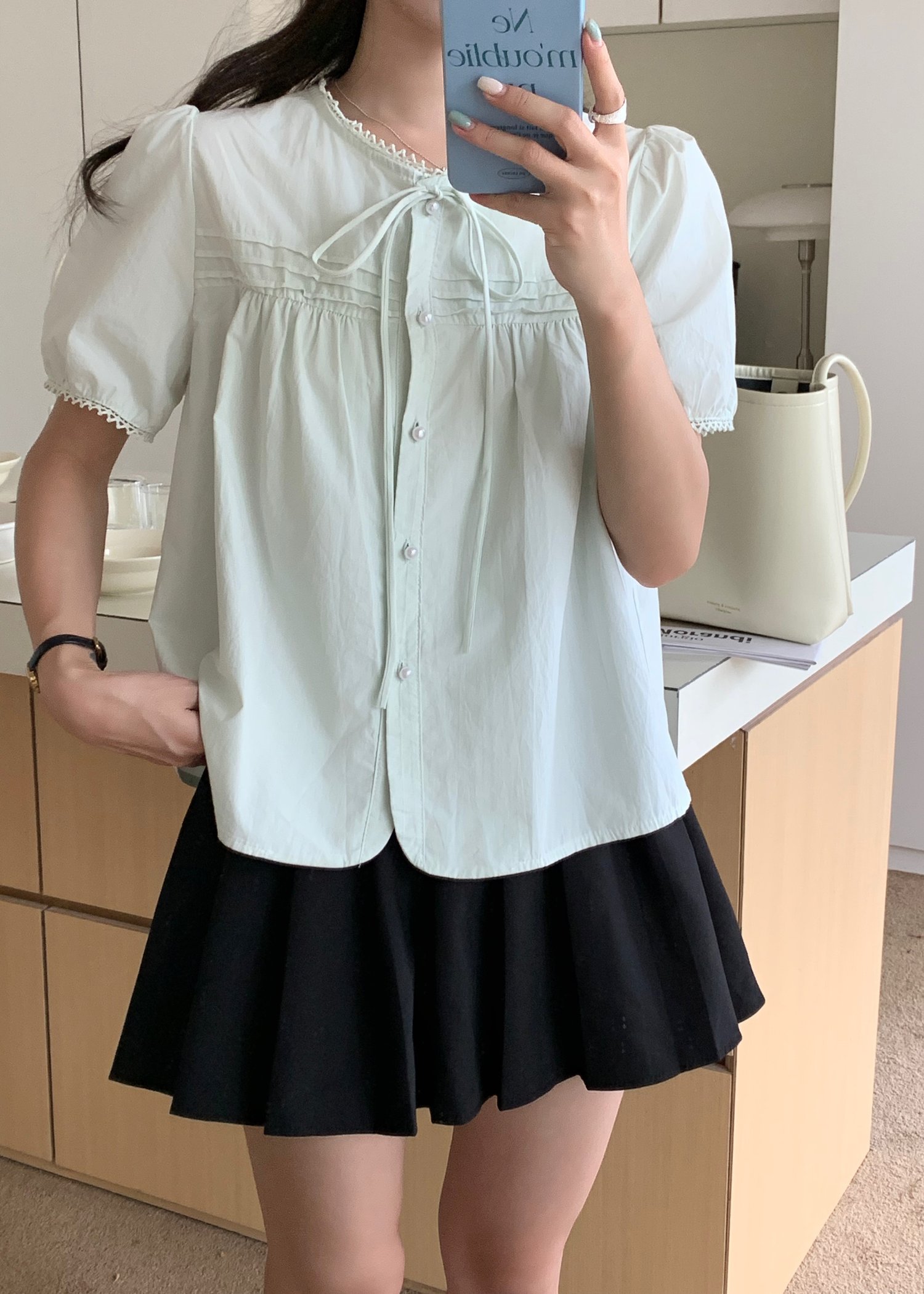 Joleen Ribbon Eyelet Blouse in Milk Green
