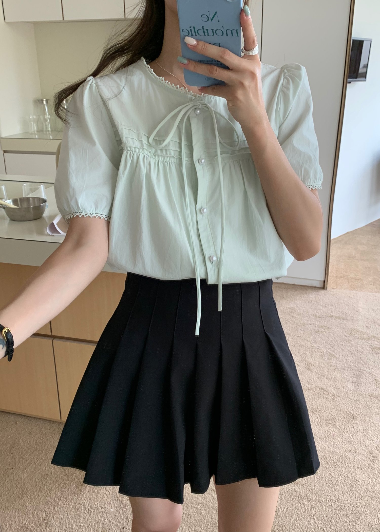 Joleen Ribbon Eyelet Blouse in Milk Green