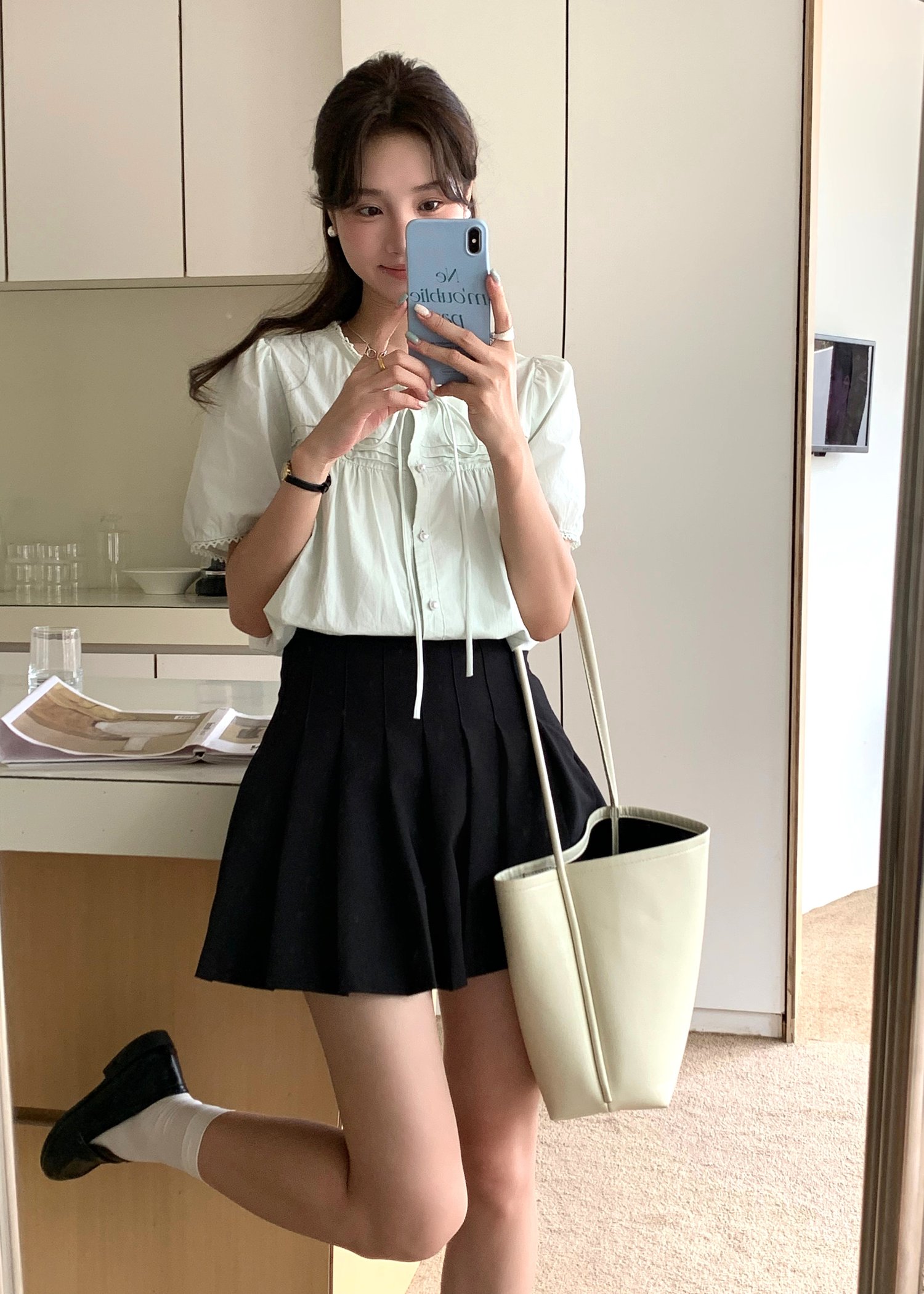 Joleen Ribbon Eyelet Blouse in Milk Green