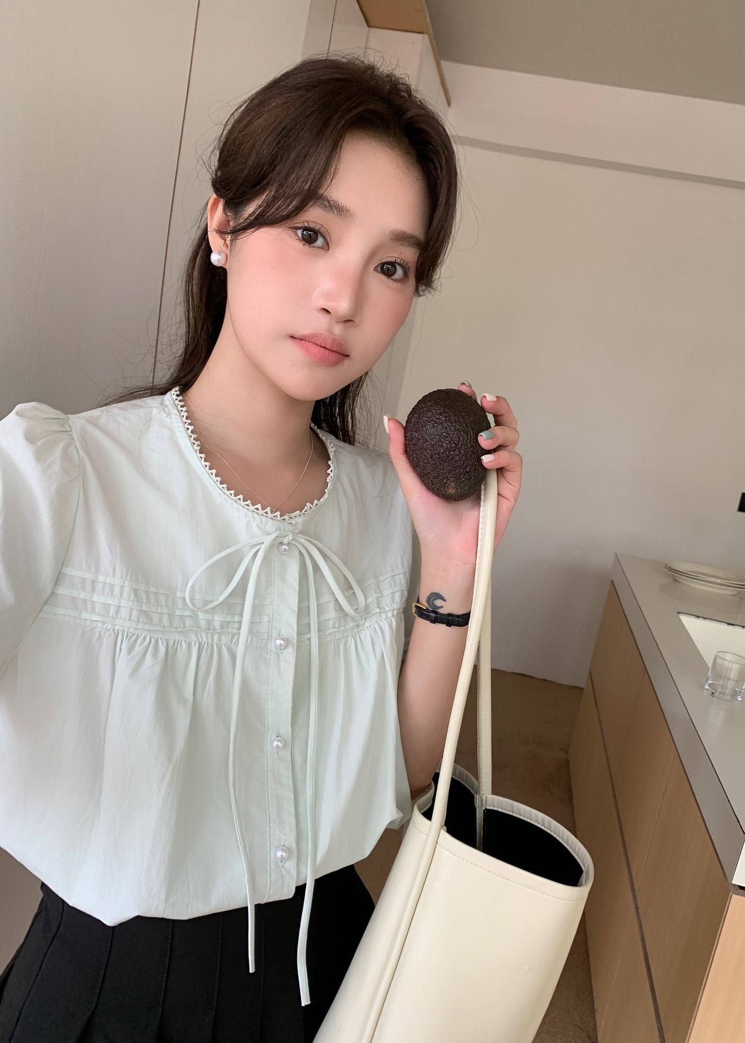 Joleen Ribbon Eyelet Blouse in Milk Green
