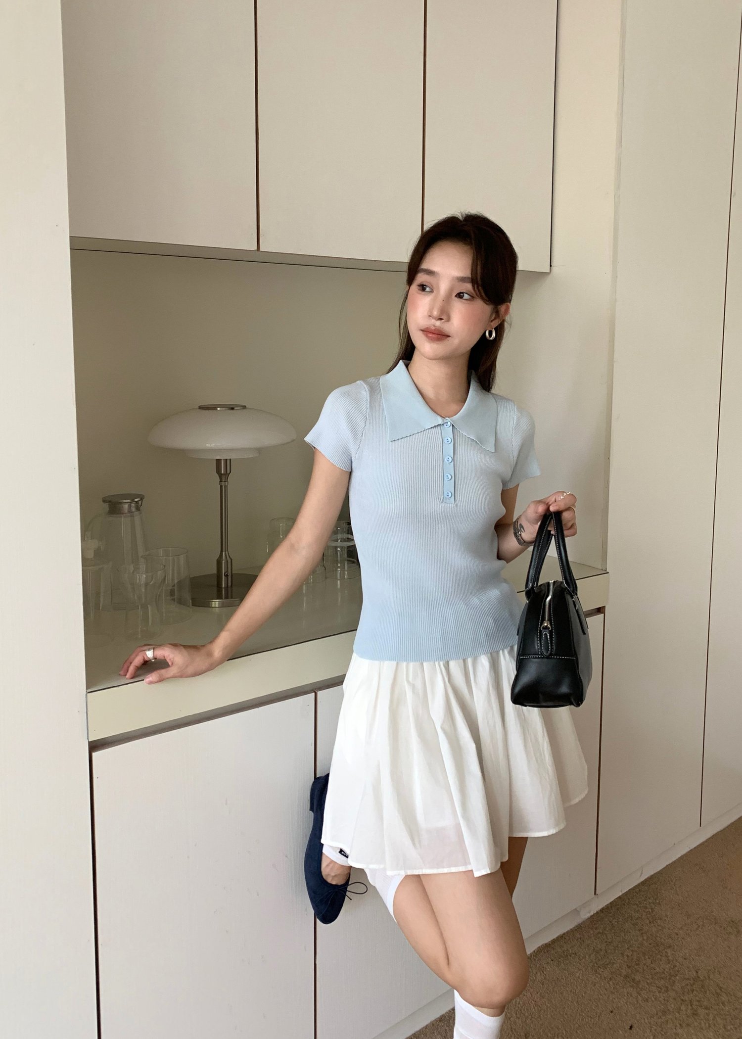Daily Collar Basic Knit Top in Baby Blue