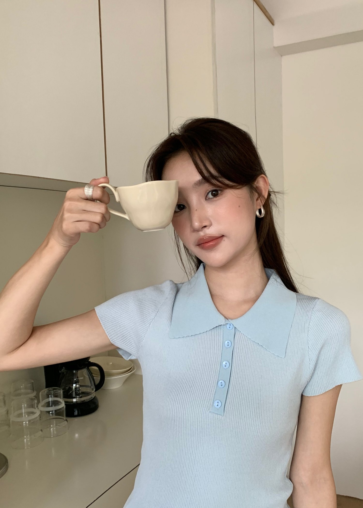 Daily Collar Basic Knit Top in Baby Blue