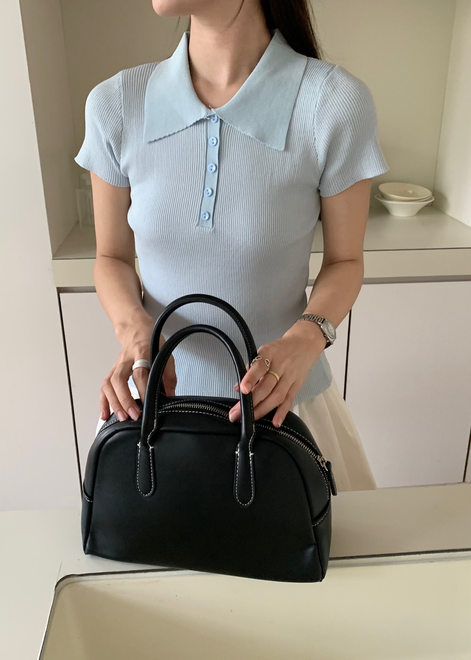 Daily Collar Basic Knit Top in Baby Blue