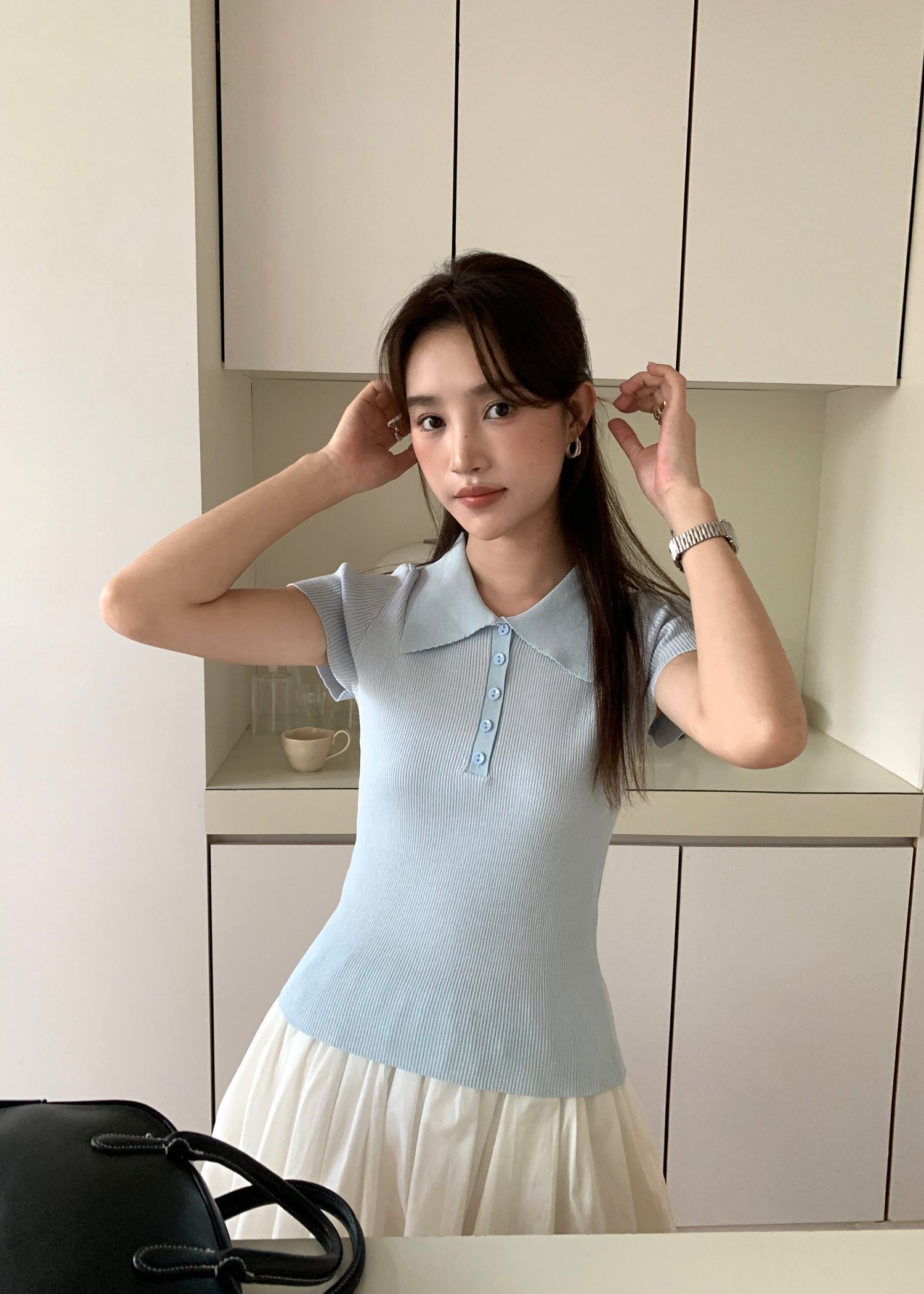 Daily Collar Basic Knit Top in Baby Blue