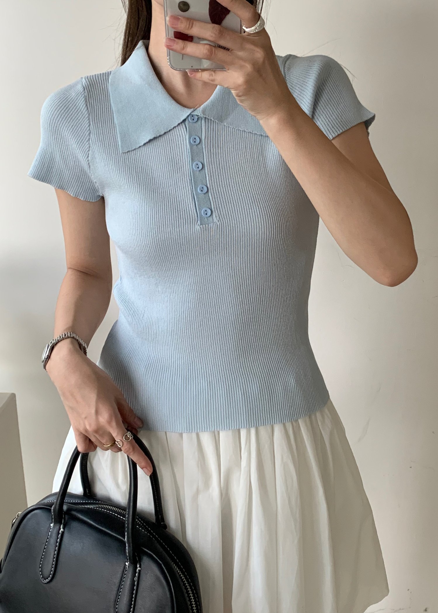 Daily Collar Basic Knit Top in Baby Blue