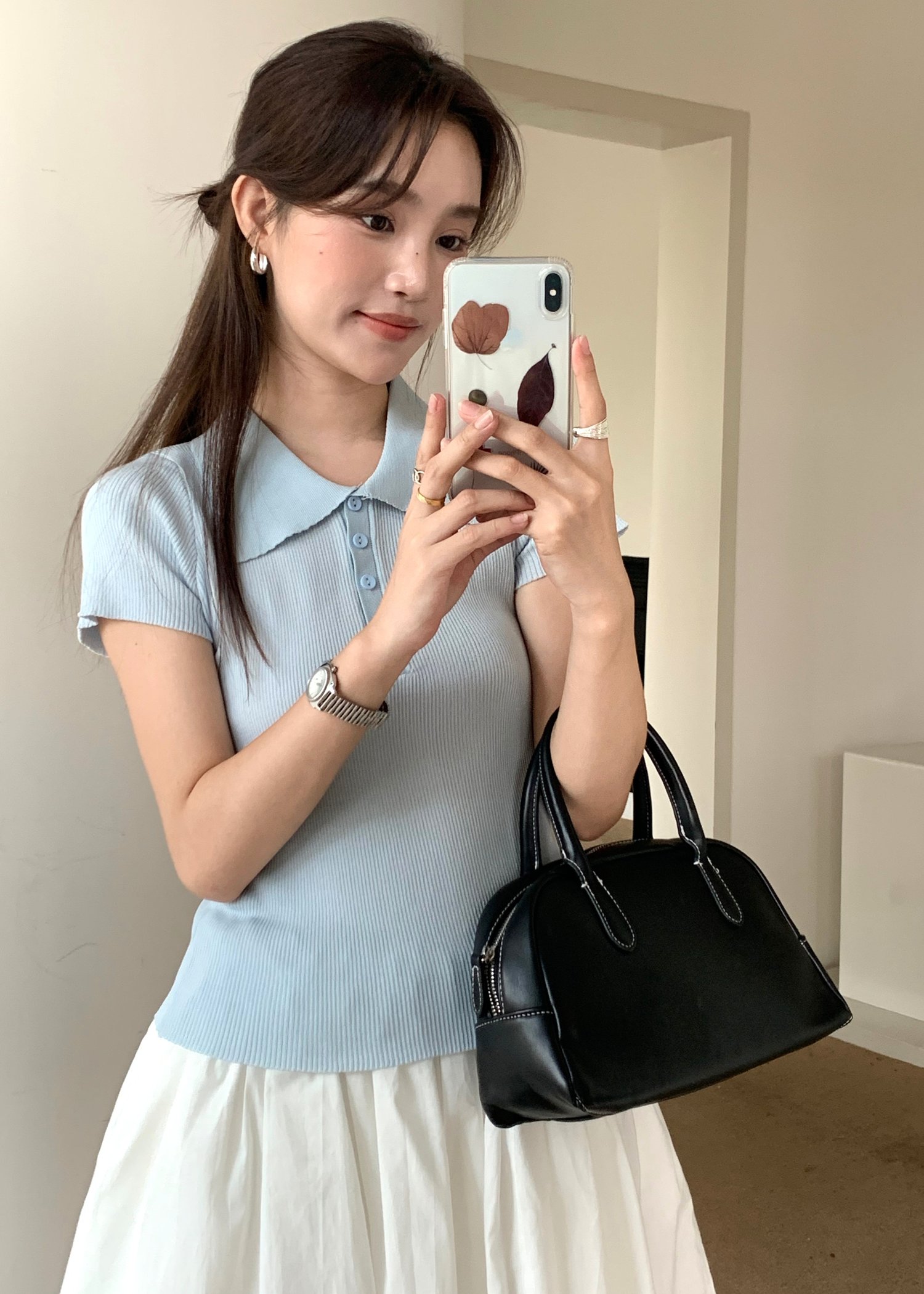 Daily Collar Basic Knit Top in Baby Blue