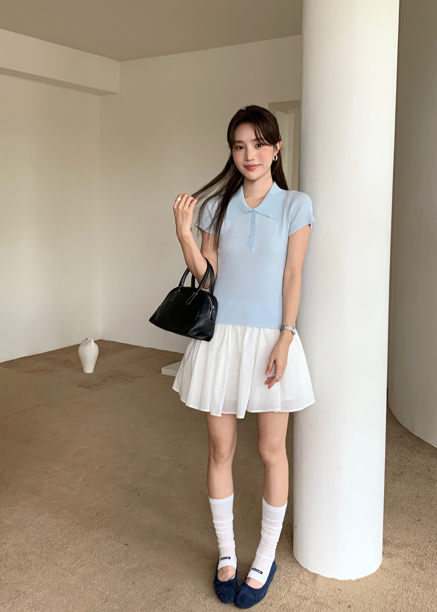 Daily Collar Basic Knit Top in Baby Blue