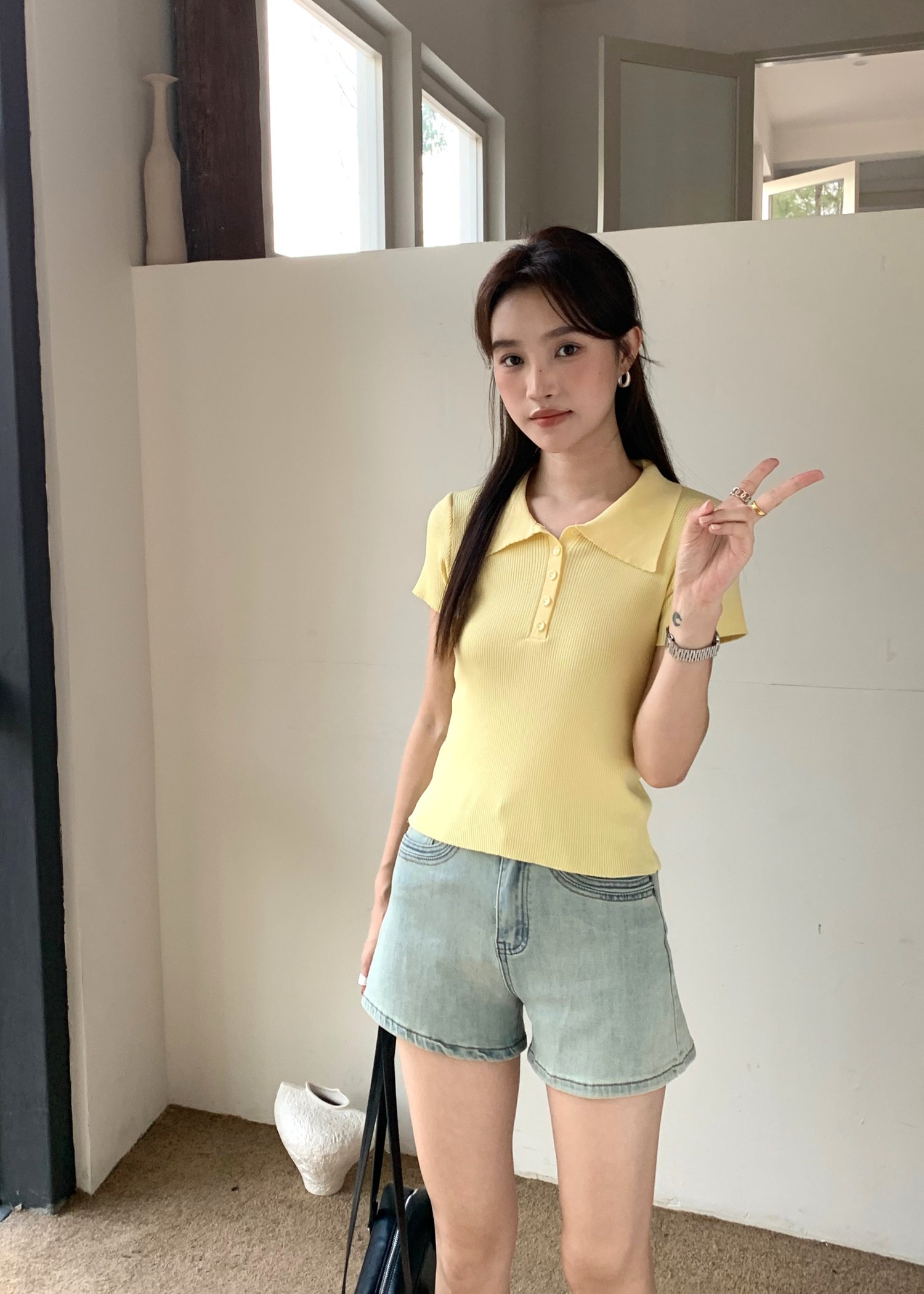 Daily Collar Basic Knit Top in Baby Yellow