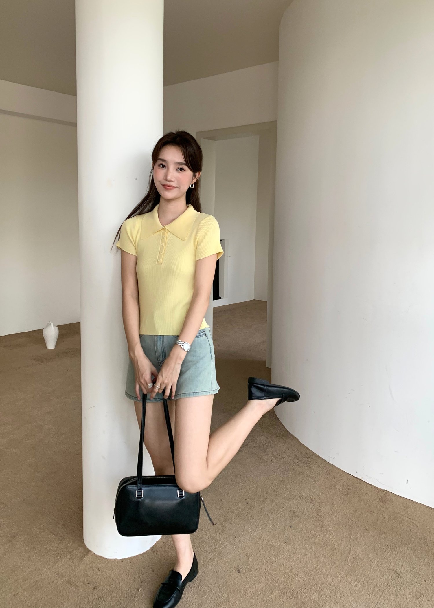 Daily Collar Basic Knit Top in Baby Yellow
