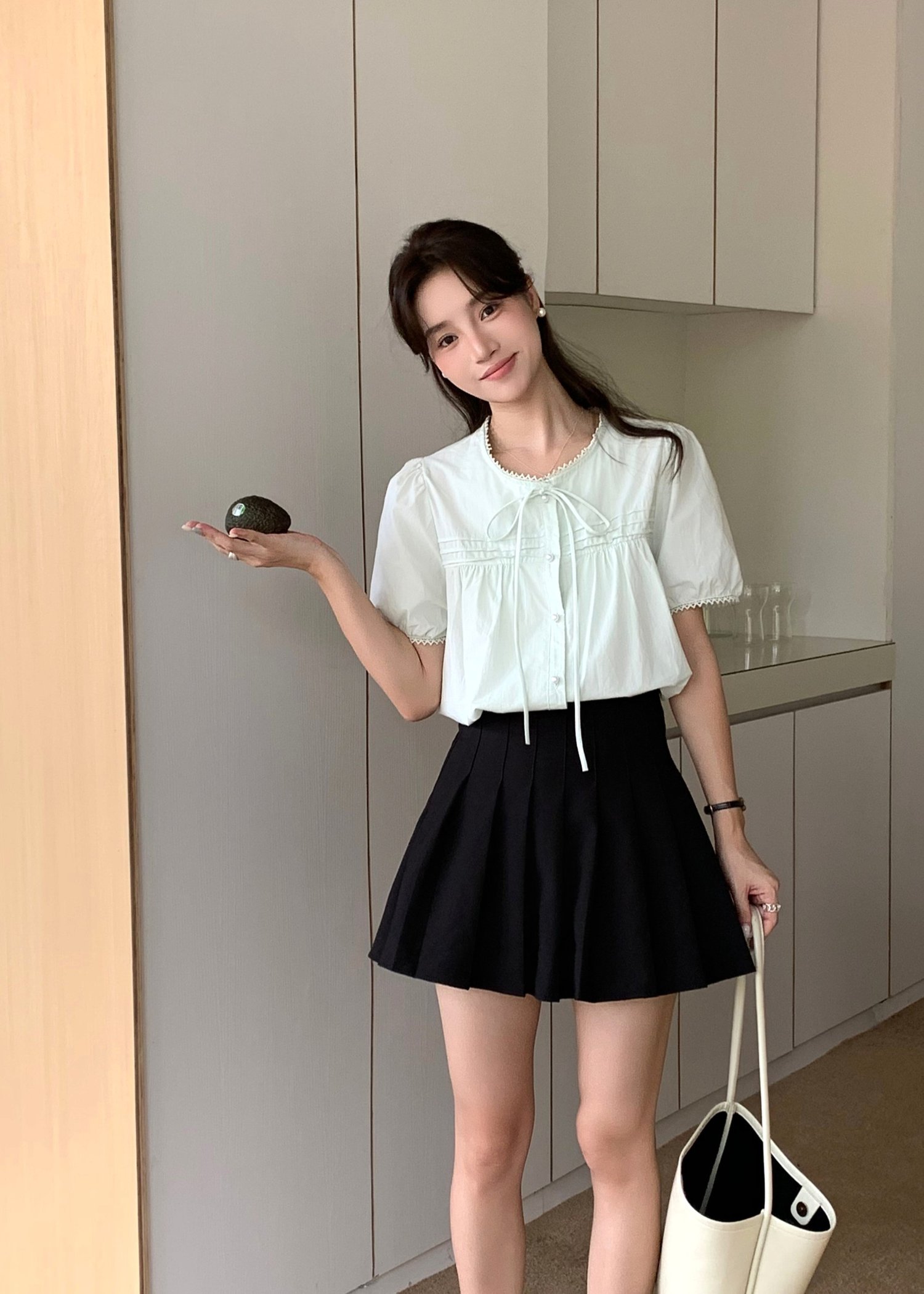 Joleen Ribbon Eyelet Blouse in Milk Green