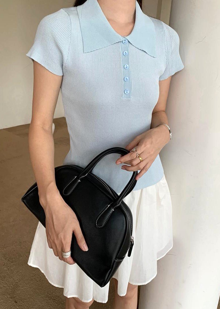 Daily Collar Basic Knit Top in Baby Blue
