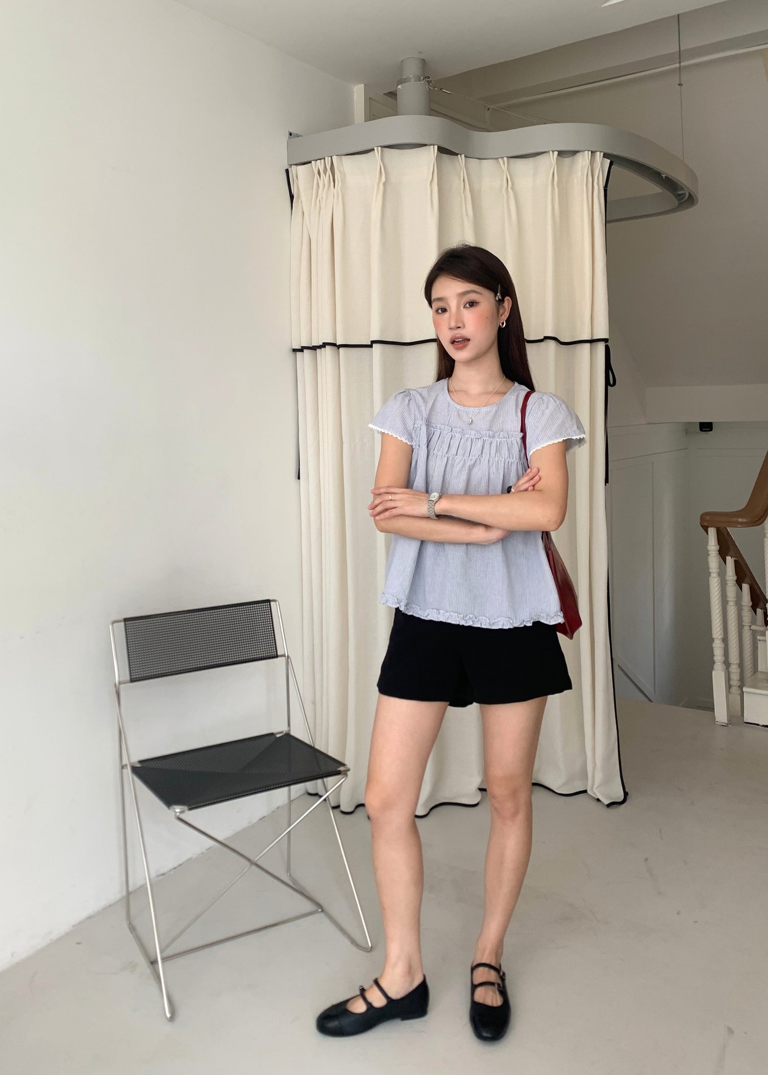 Debbie Flare Striped Blouse in Black
