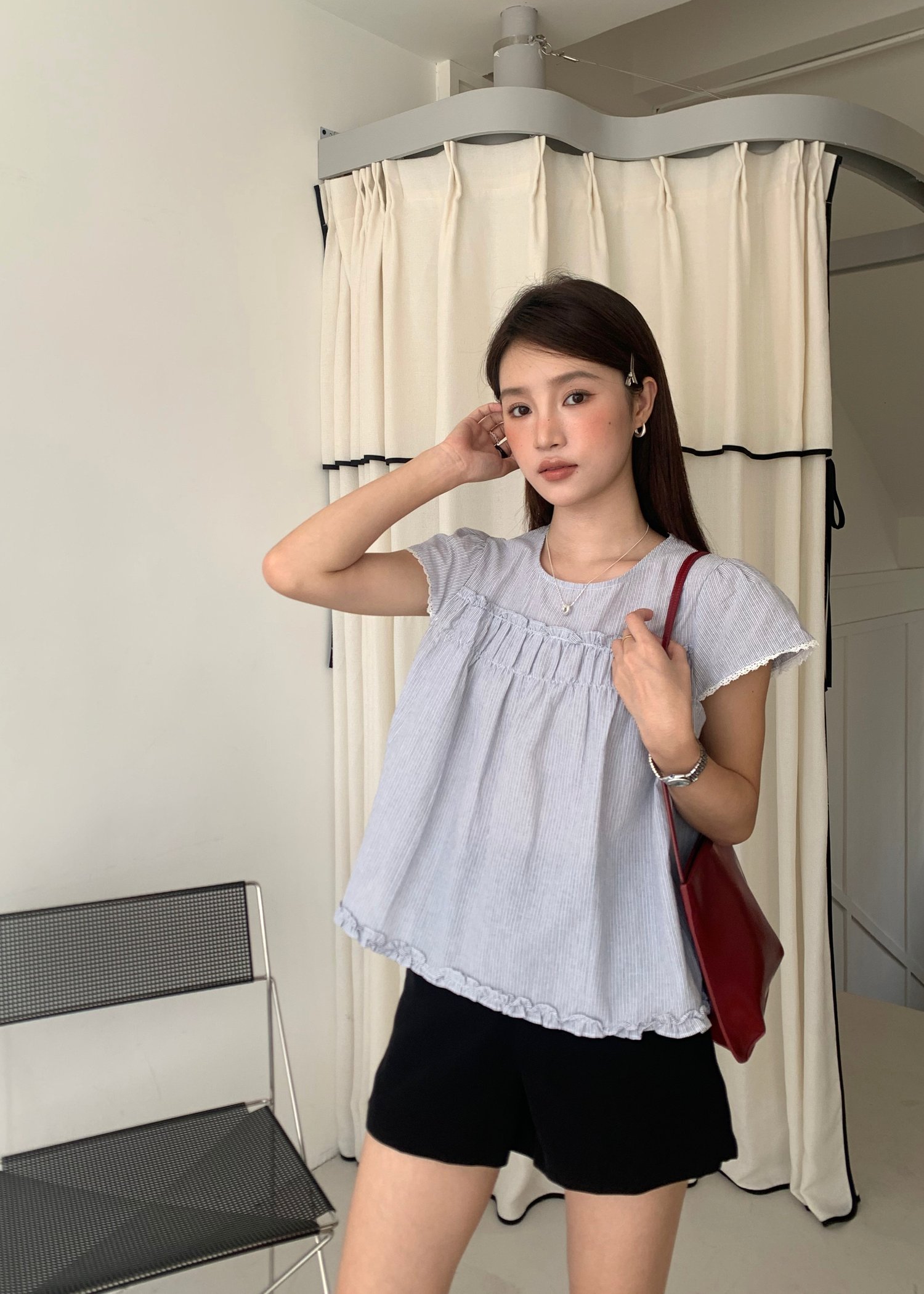 Debbie Flare Striped Blouse in Black