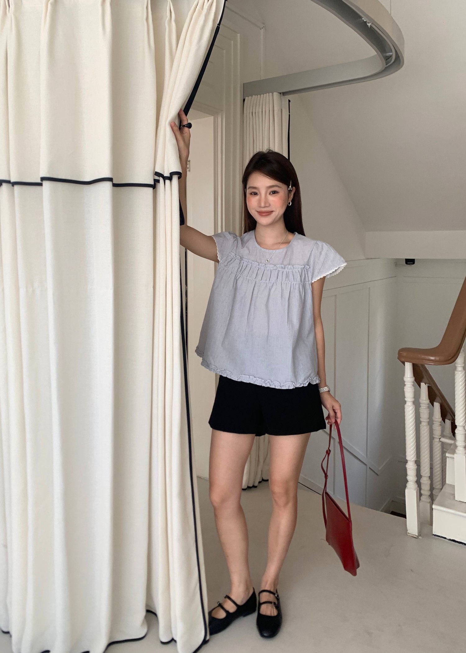 Debbie Flare Striped Blouse in Black
