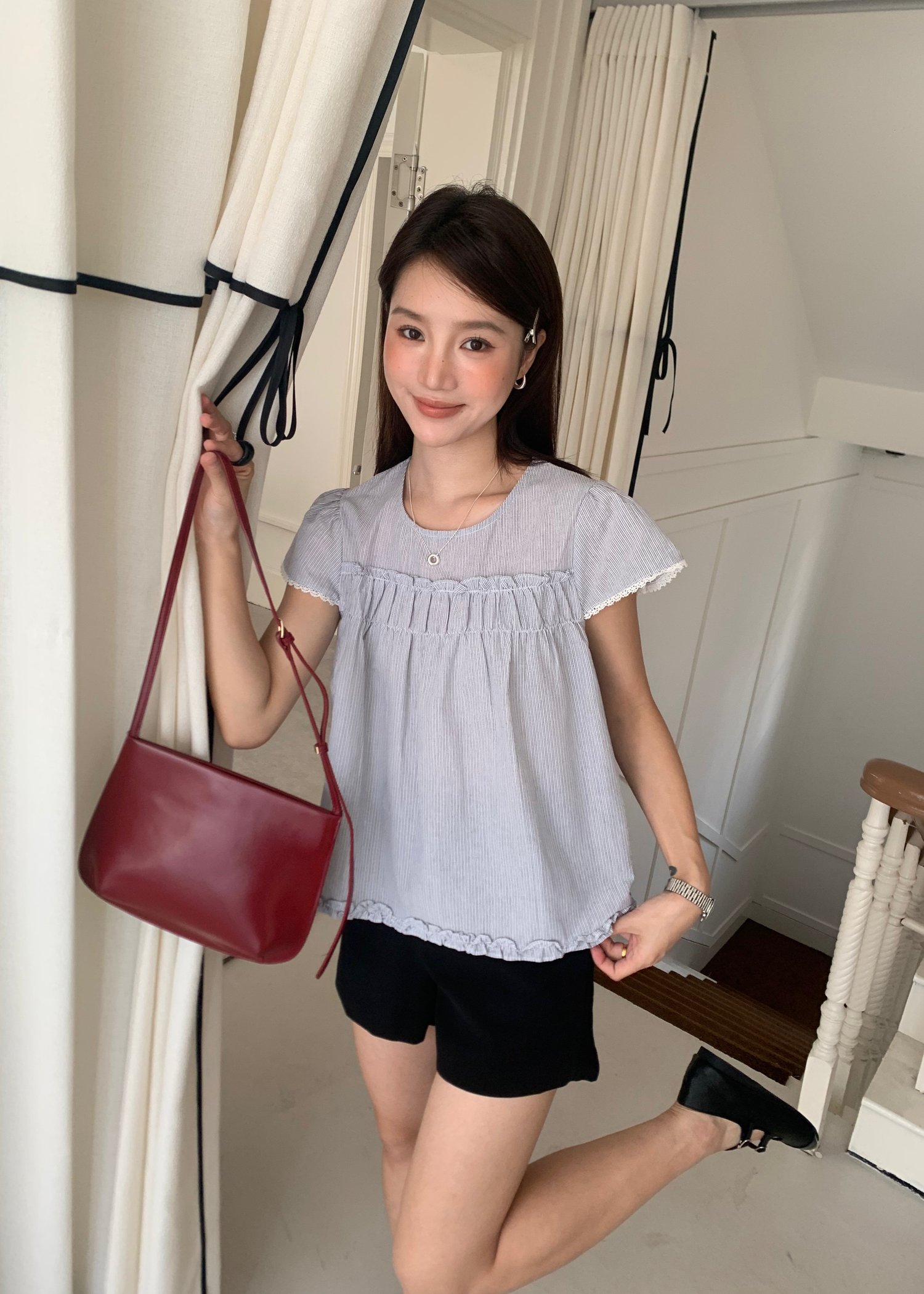 Debbie Flare Striped Blouse in Black
