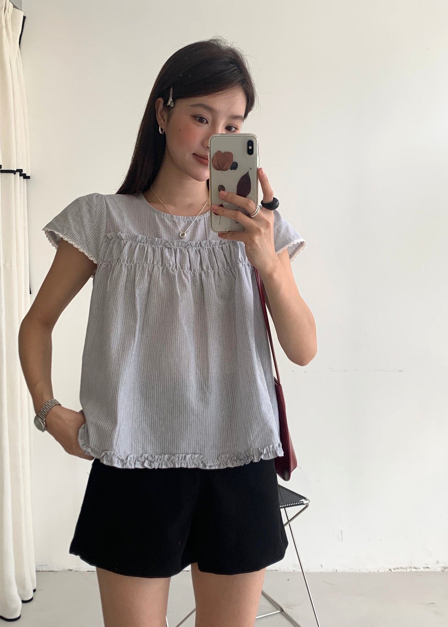 Debbie Flare Striped Blouse in Black