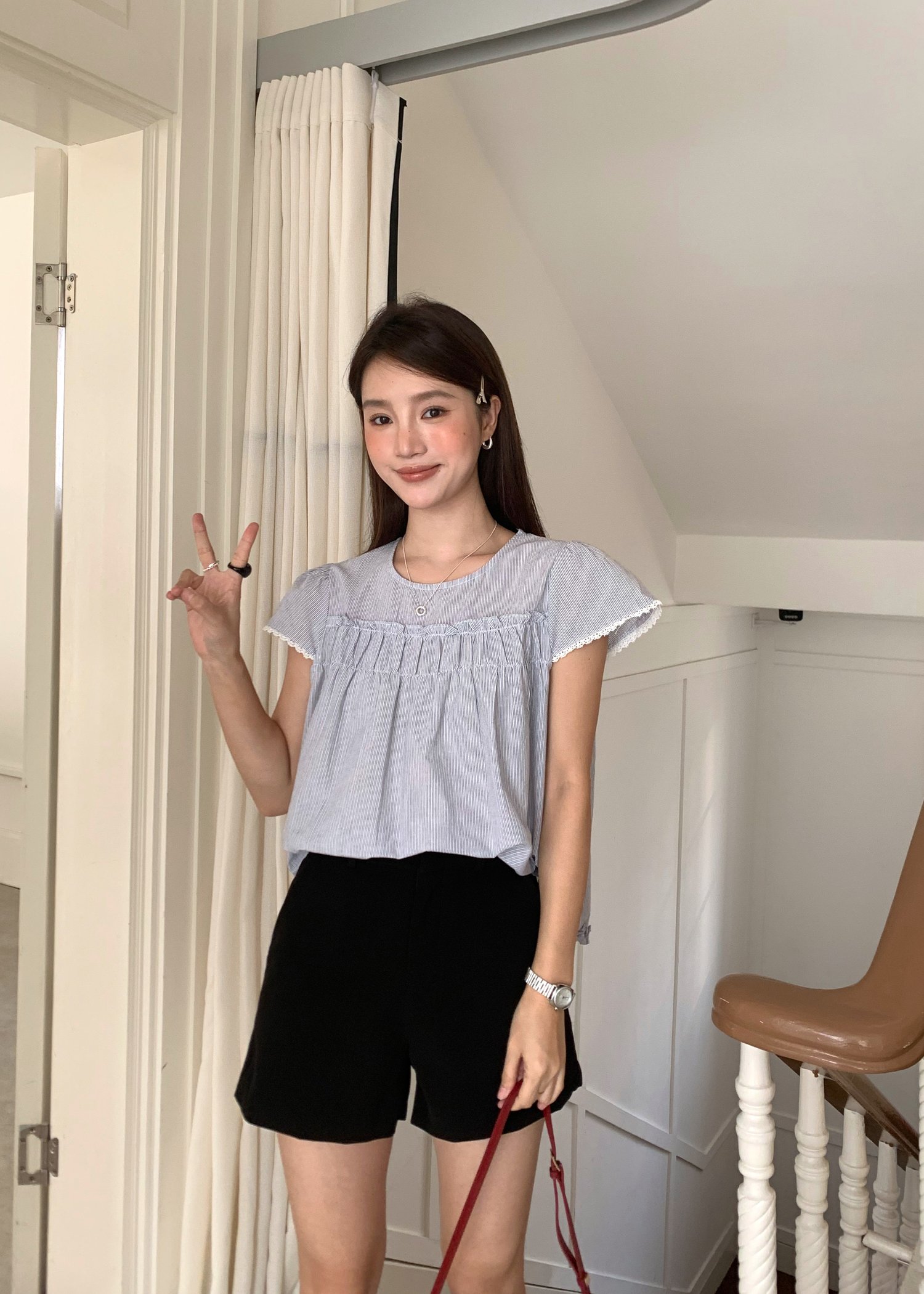 Debbie Flare Striped Blouse in Black