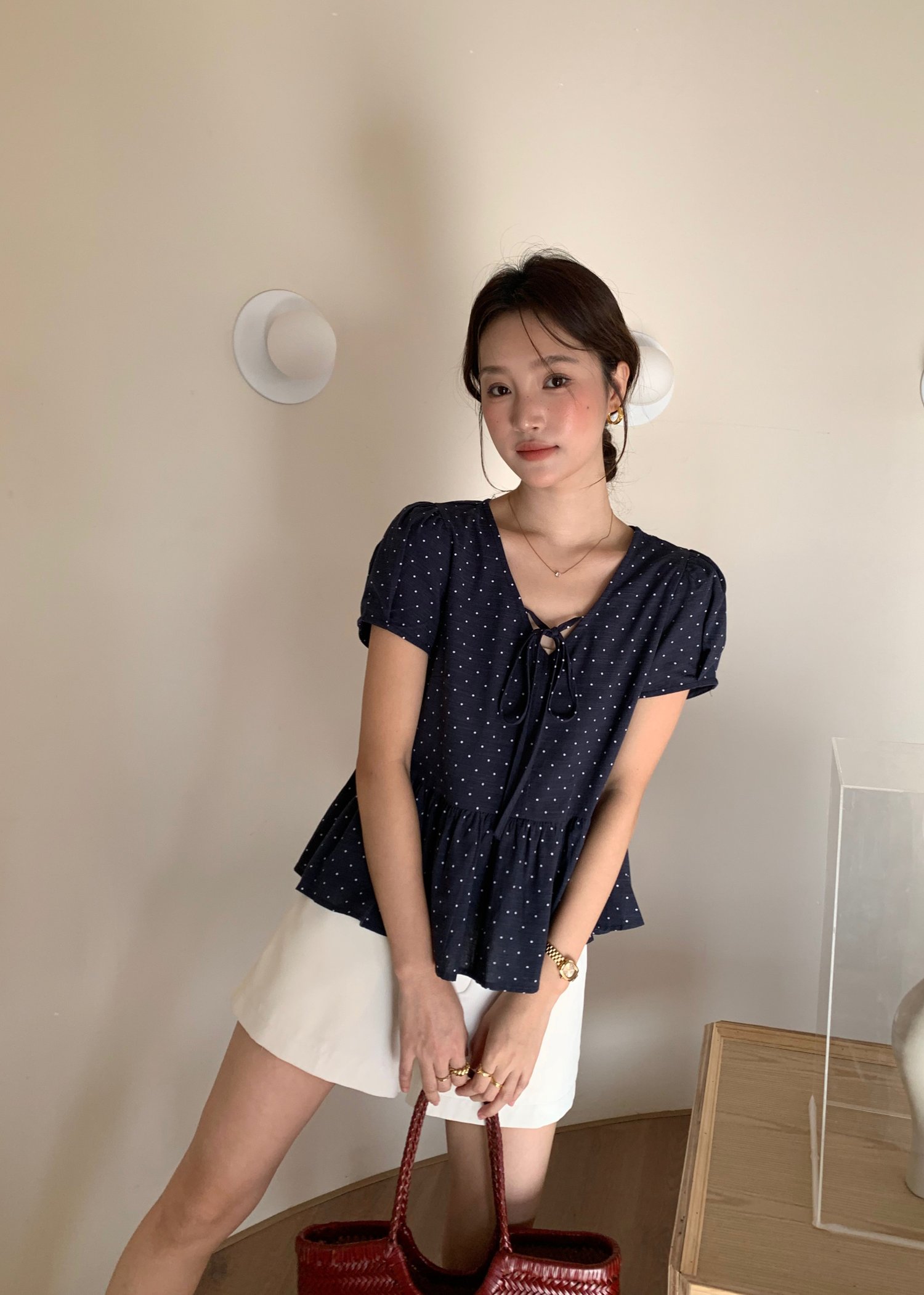 Carol Polka Dot Blouse in Navy Blue