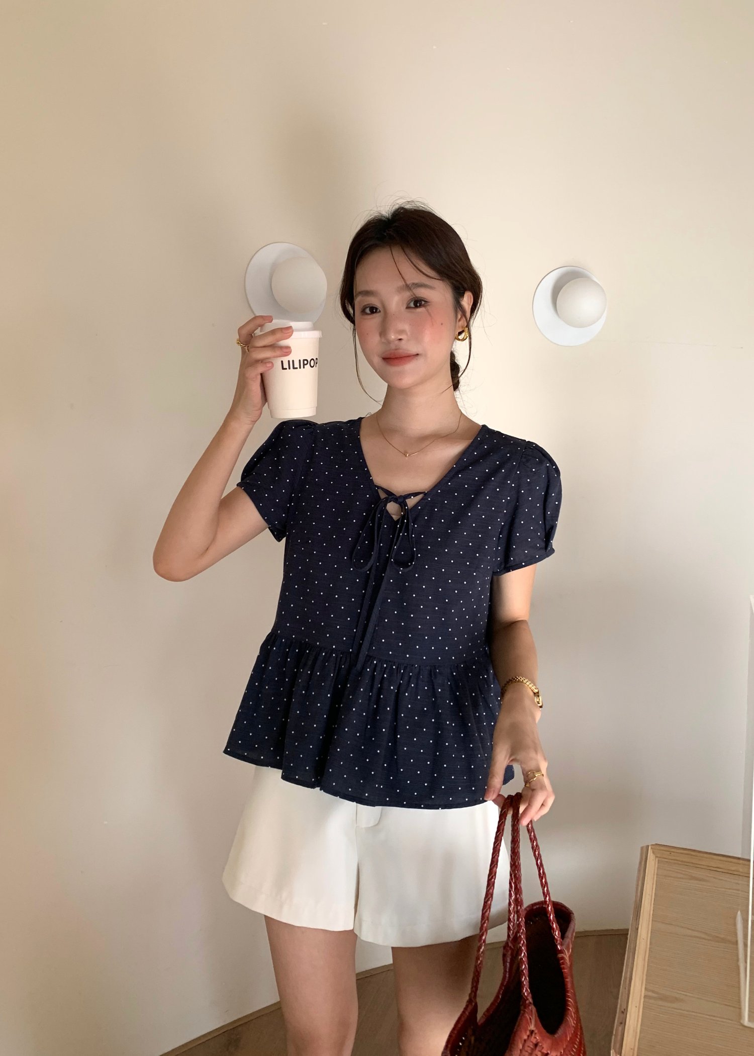 Carol Polka Dot Blouse in Navy Blue
