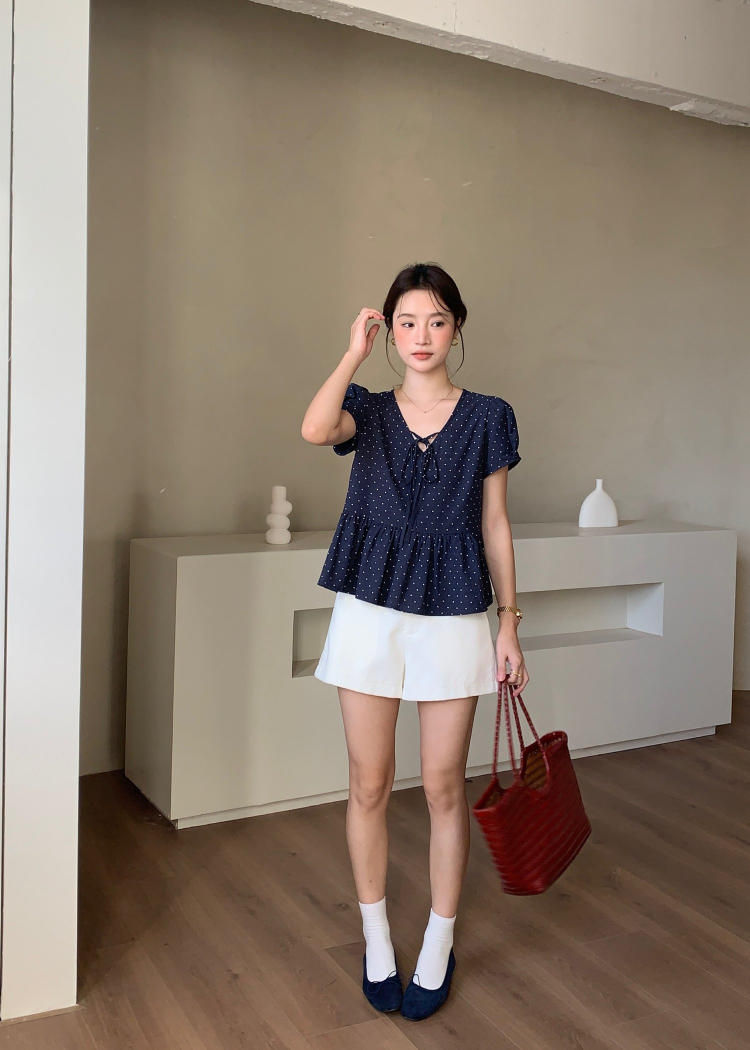 Carol Polka Dot Blouse in Navy Blue