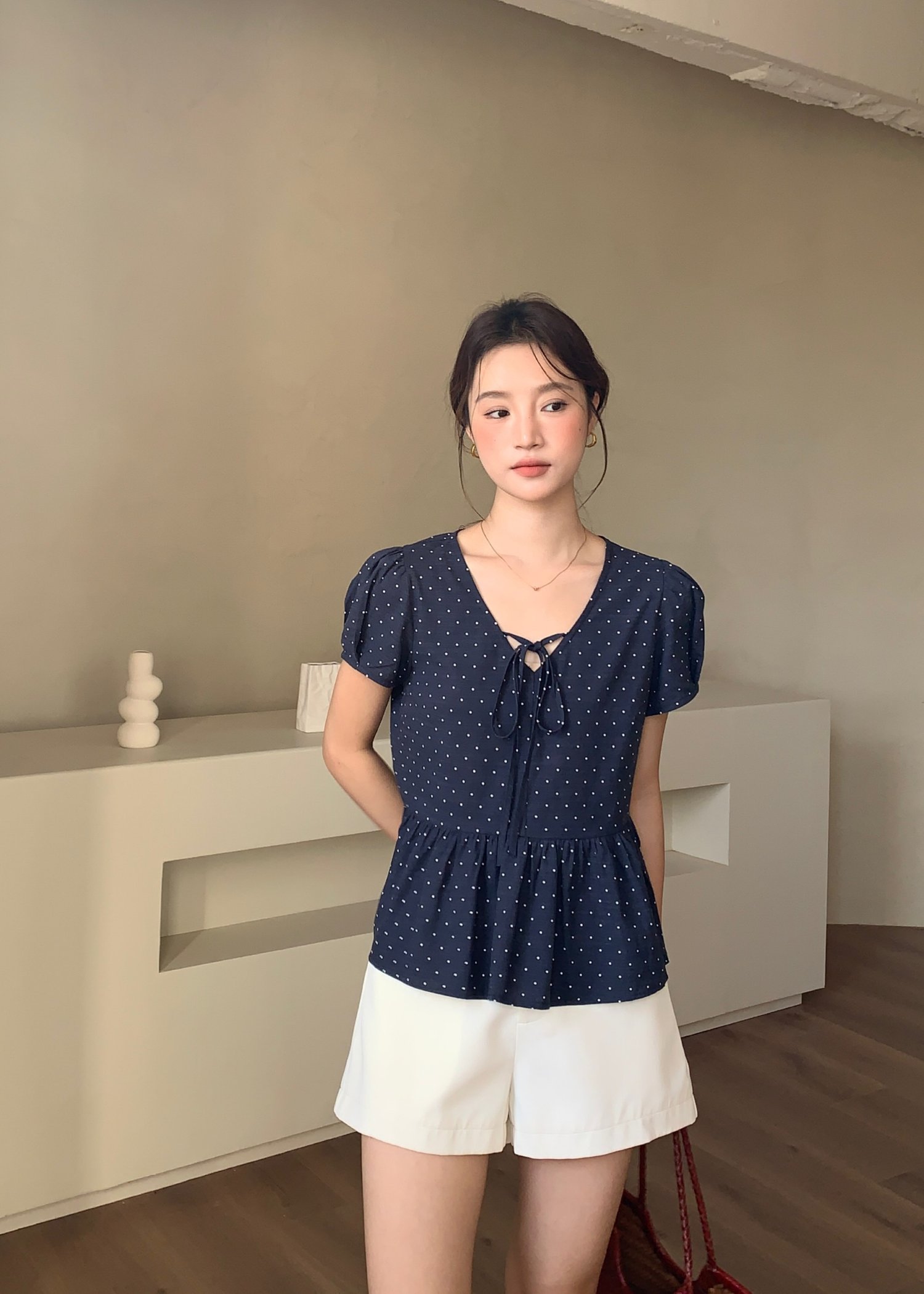 Carol Polka Dot Blouse in Navy Blue