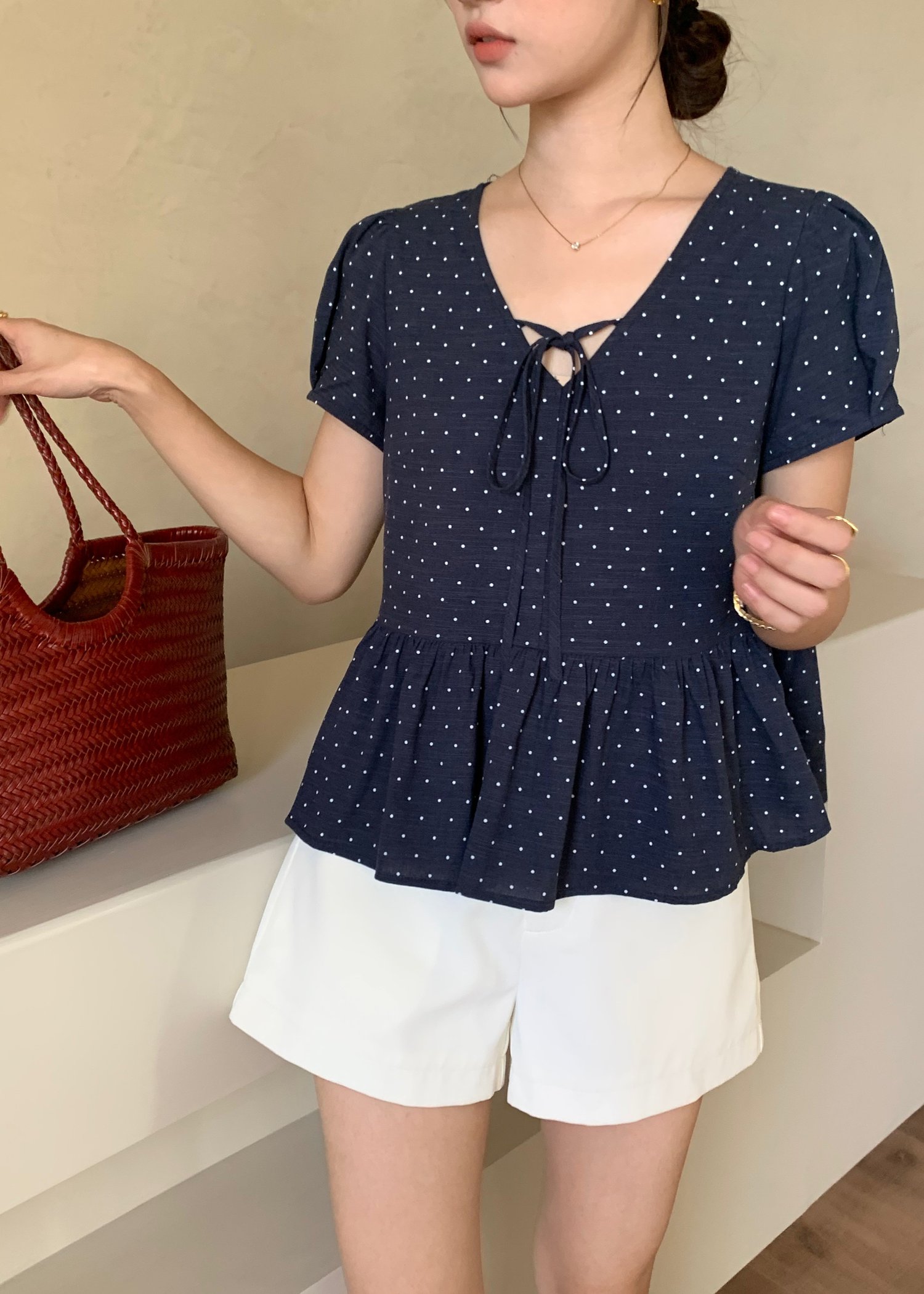 Carol Polka Dot Blouse in Navy Blue
