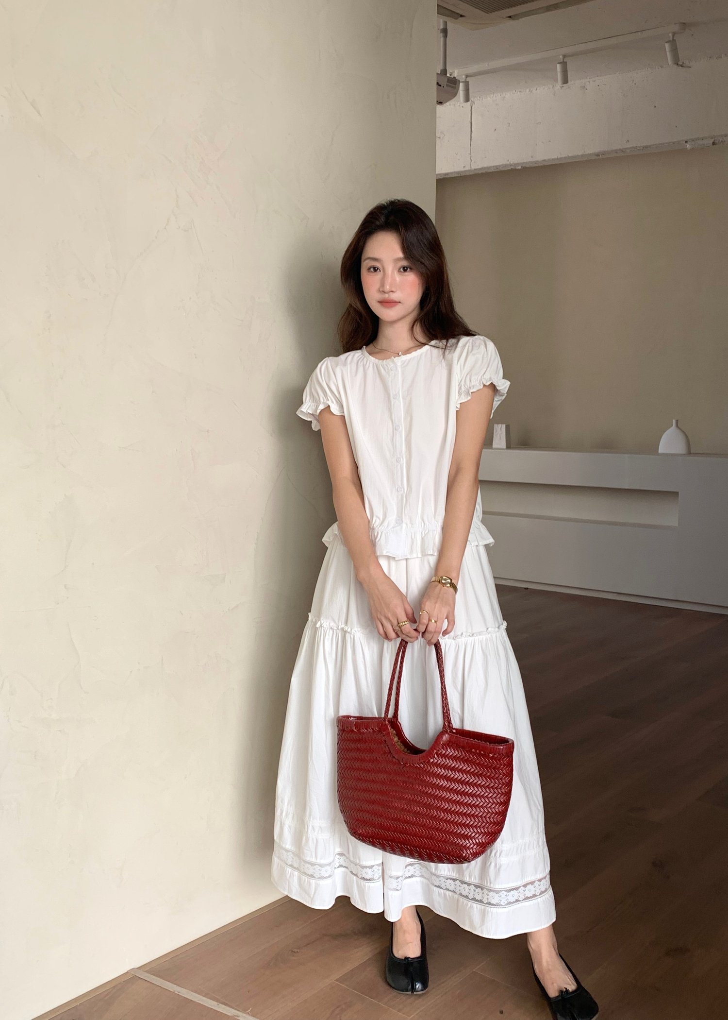 Lacey Flare Long Skirt in White