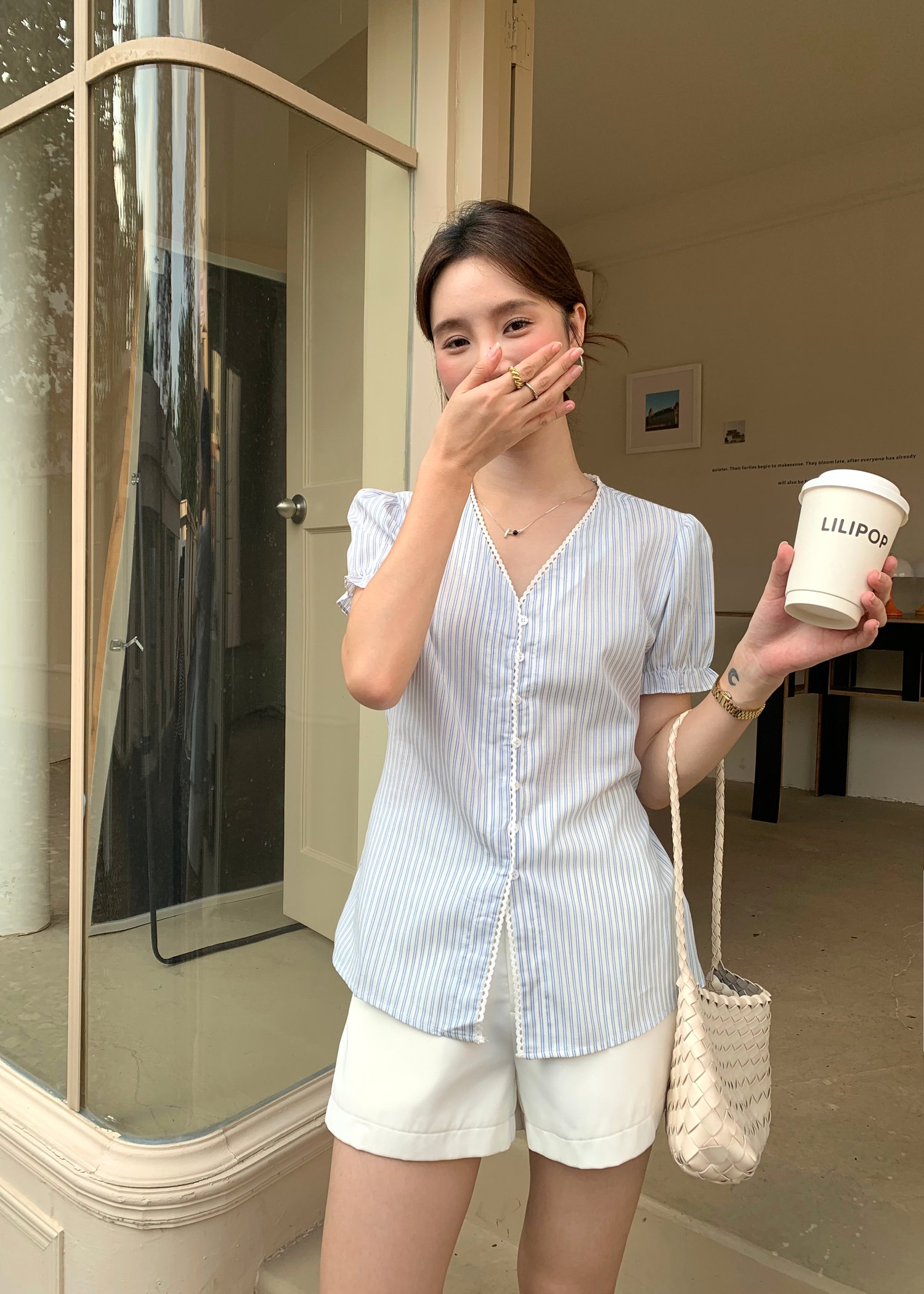 Claudia Striped Lace Blouse in Blue