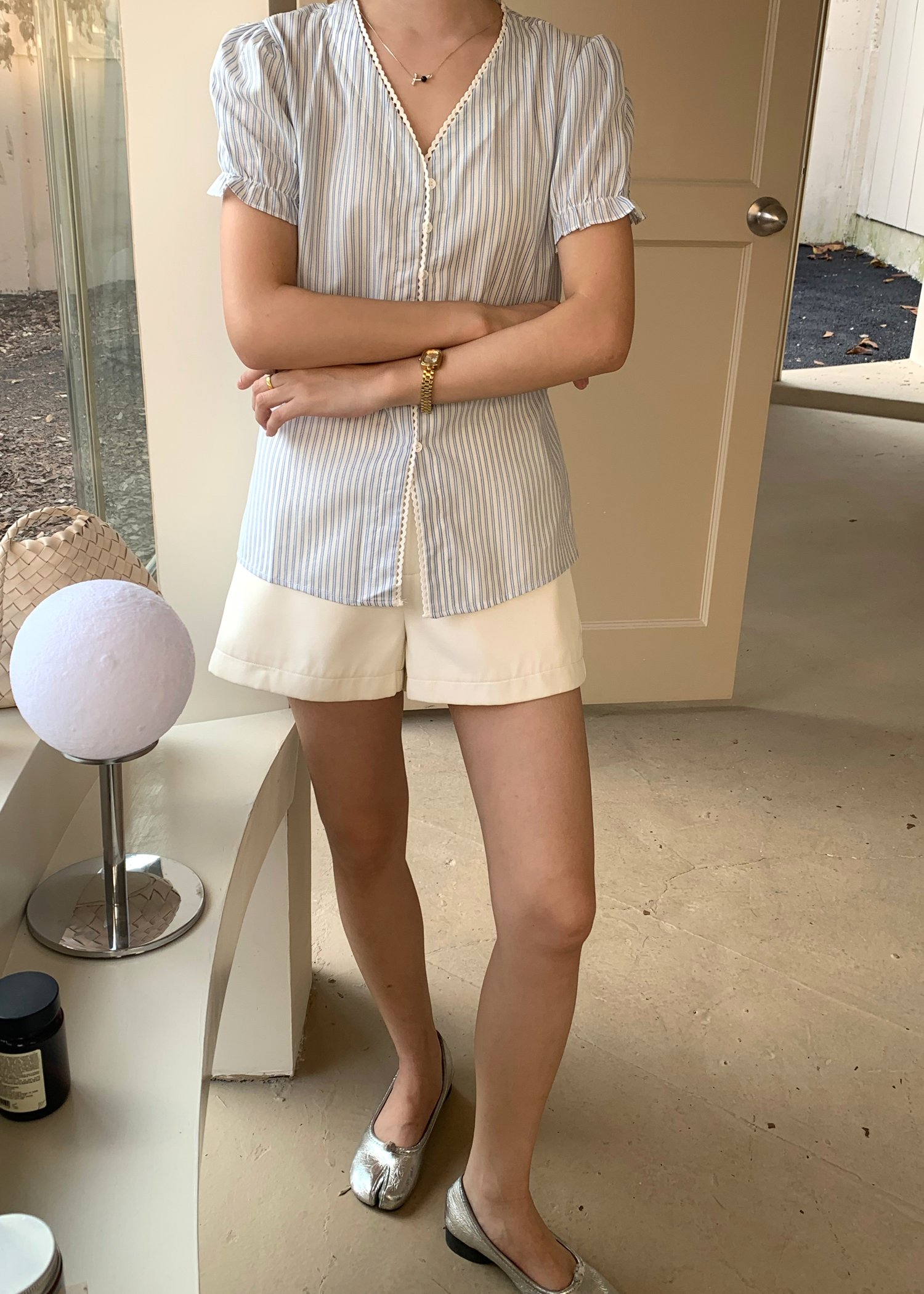 Claudia Striped Lace Blouse in Blue