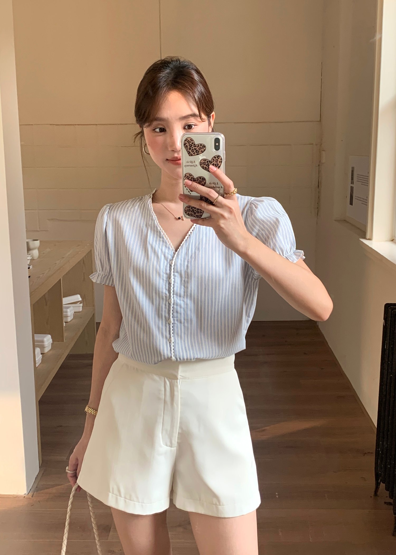 Claudia Striped Lace Blouse in Blue