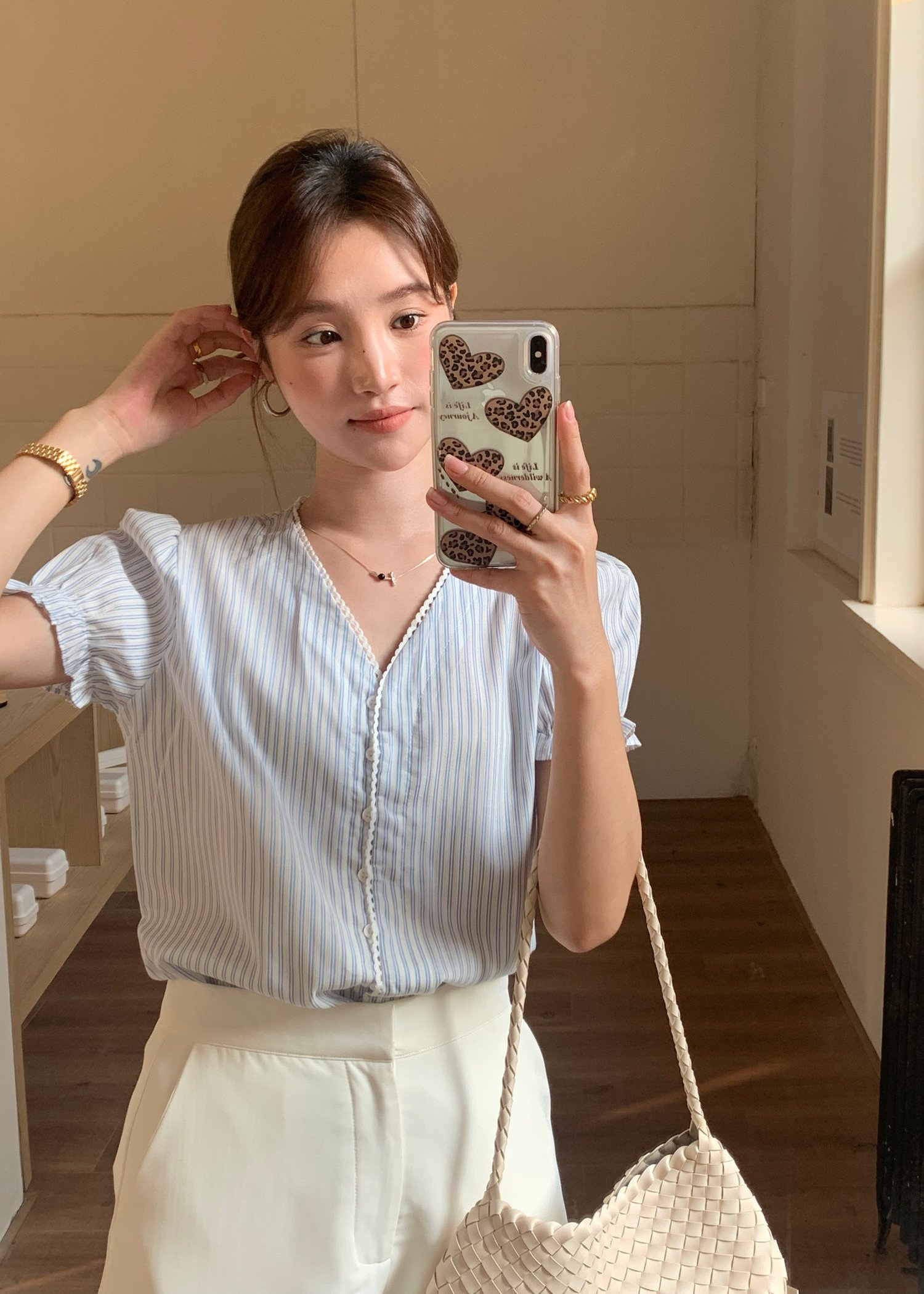 Claudia Striped Lace Blouse in Blue