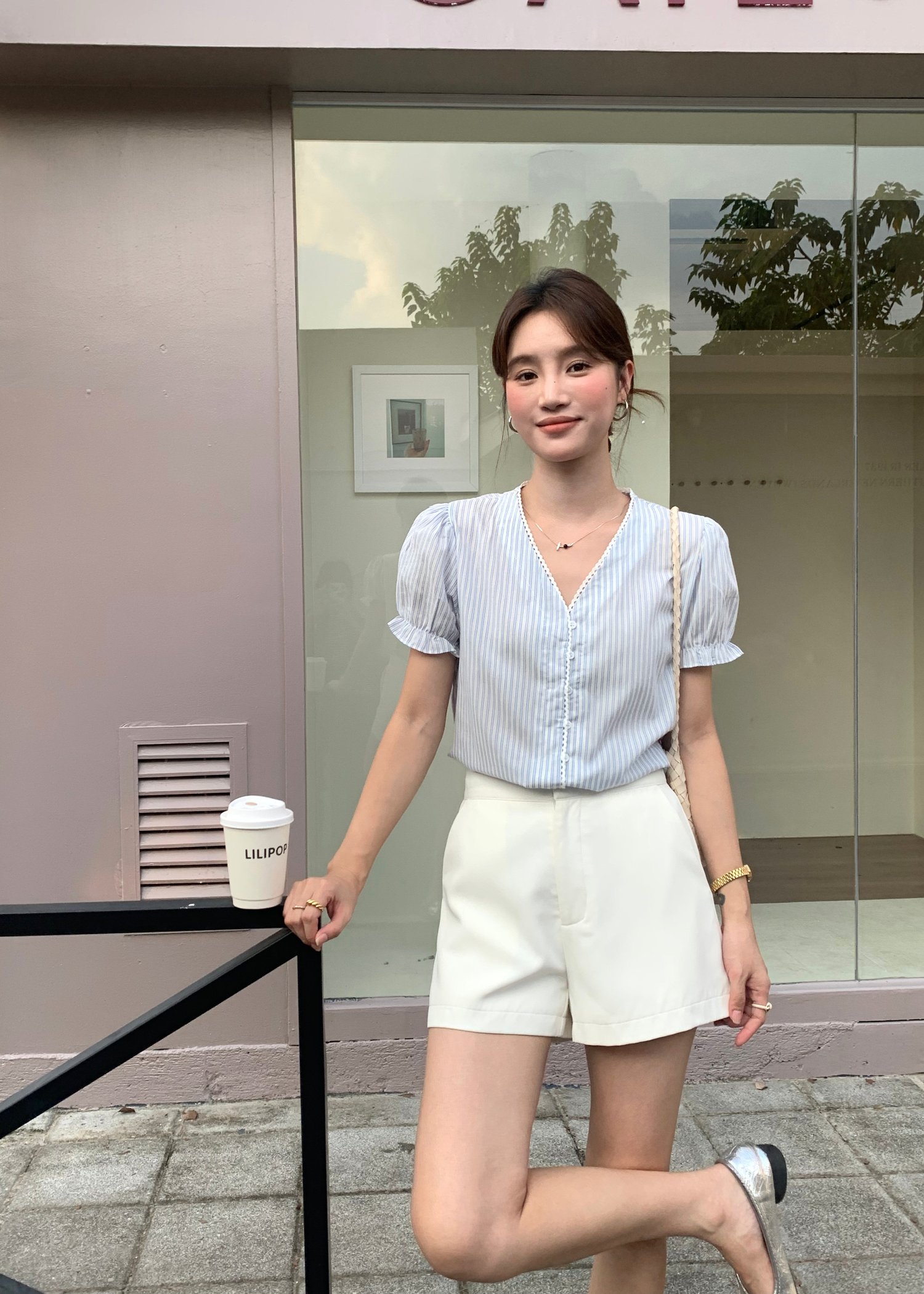 Claudia Striped Lace Blouse in Blue