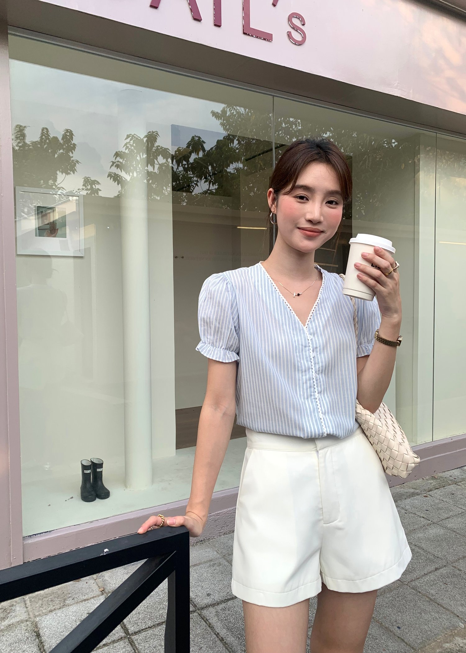 Claudia Striped Lace Blouse in Blue