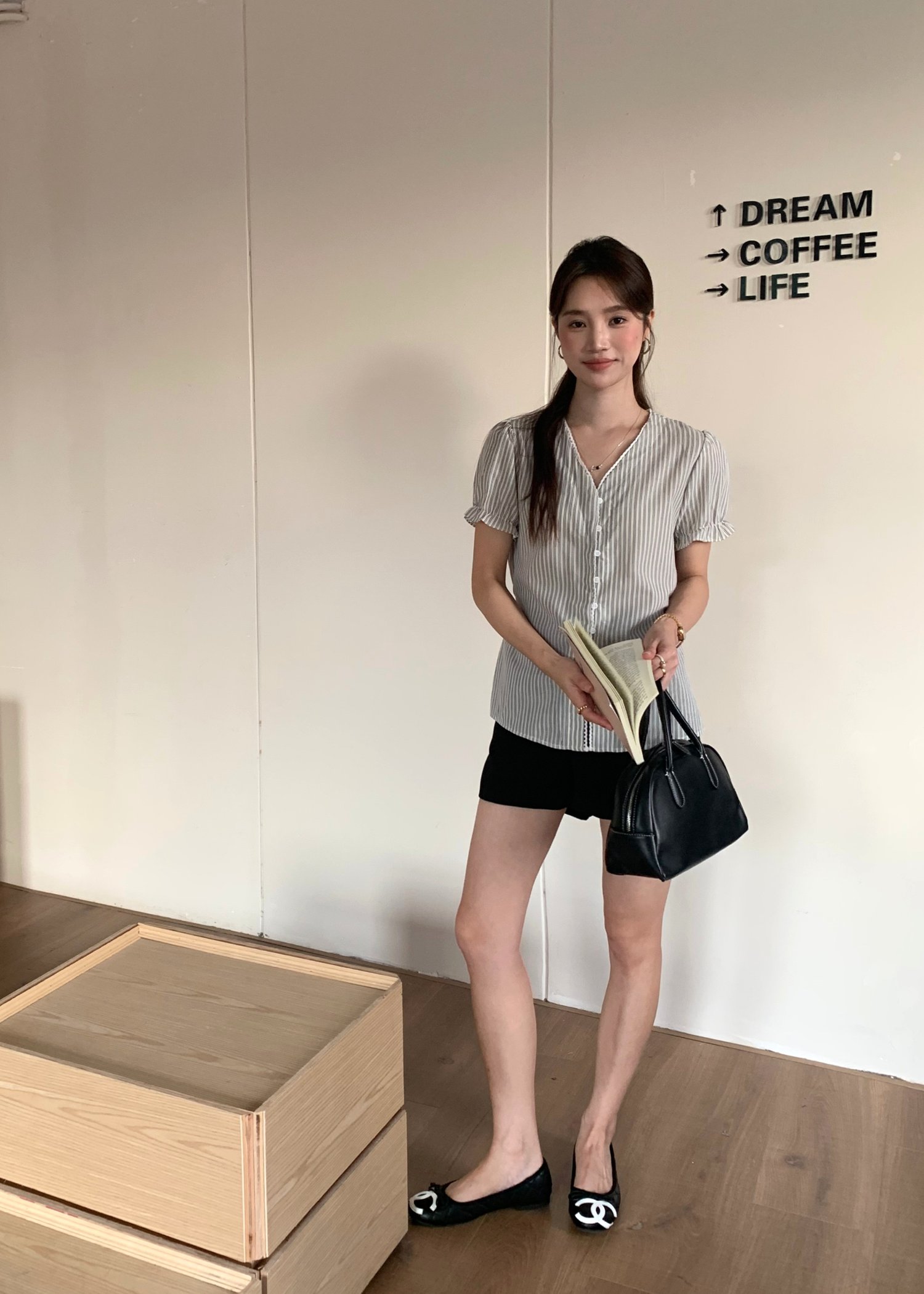 Claudia Striped Lace Blouse in Black